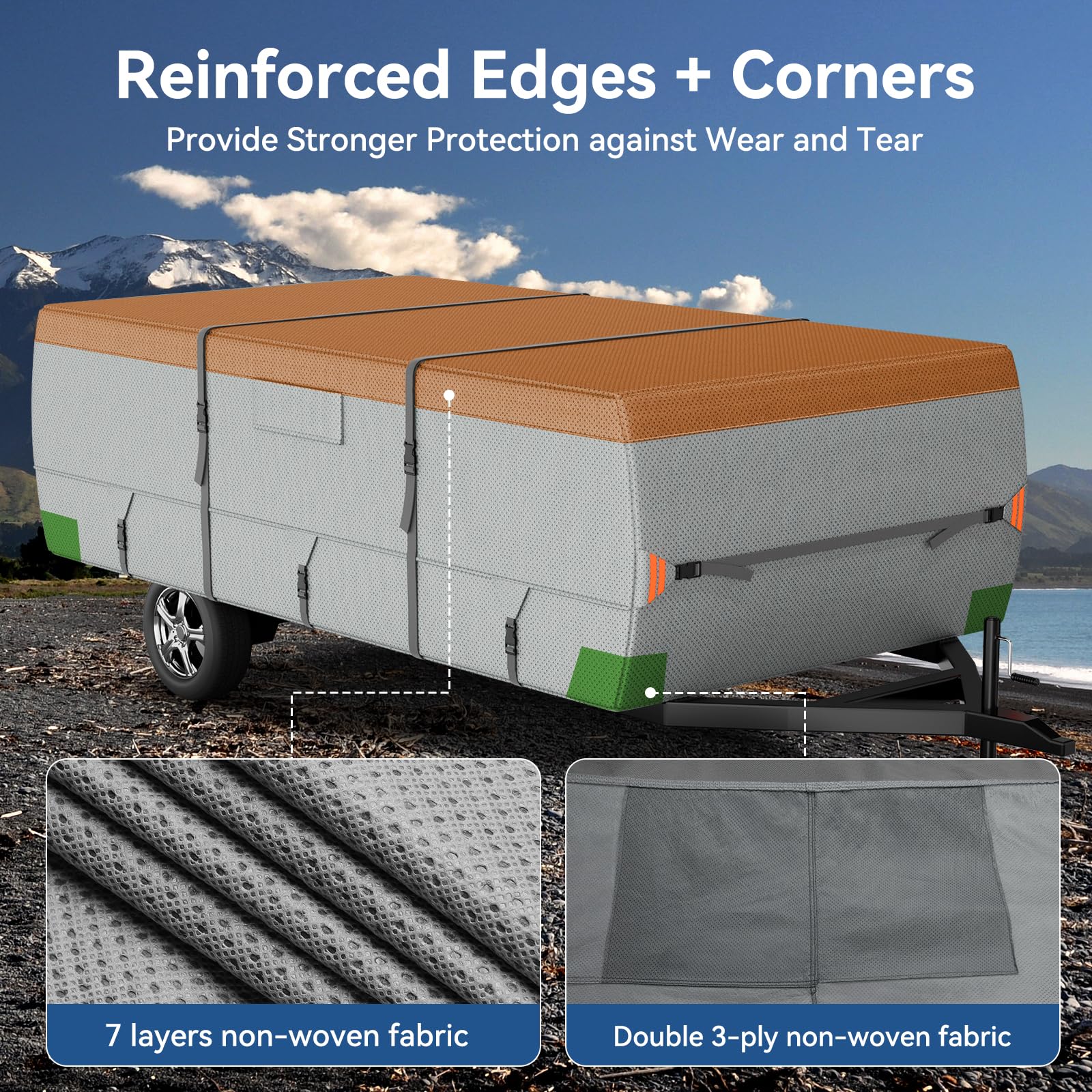 Tuszom 7-Layer Waterproof Pop Up Camper Cover - Heavy Duty RV Trailer Cover for Winter Snow Protection | Windproof with 5+2 Reinforced Straps | 10'-12' Folding Camping Cover (7-Layer Non-Woven Fabric) | Perfect for Outdoor Storage & Seasonal Vehicle Protection
