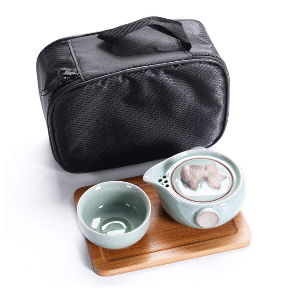 Premium Chinese Kungfu Tea Set - Ruyao Ceramic Teapot with Bone China Teacups, Wooden Tea Tray & Portable Travel Bag | Elegant Porcelain Tea Set for Outdoor Travel, Camping, Home Tea Ceremony & Gifts