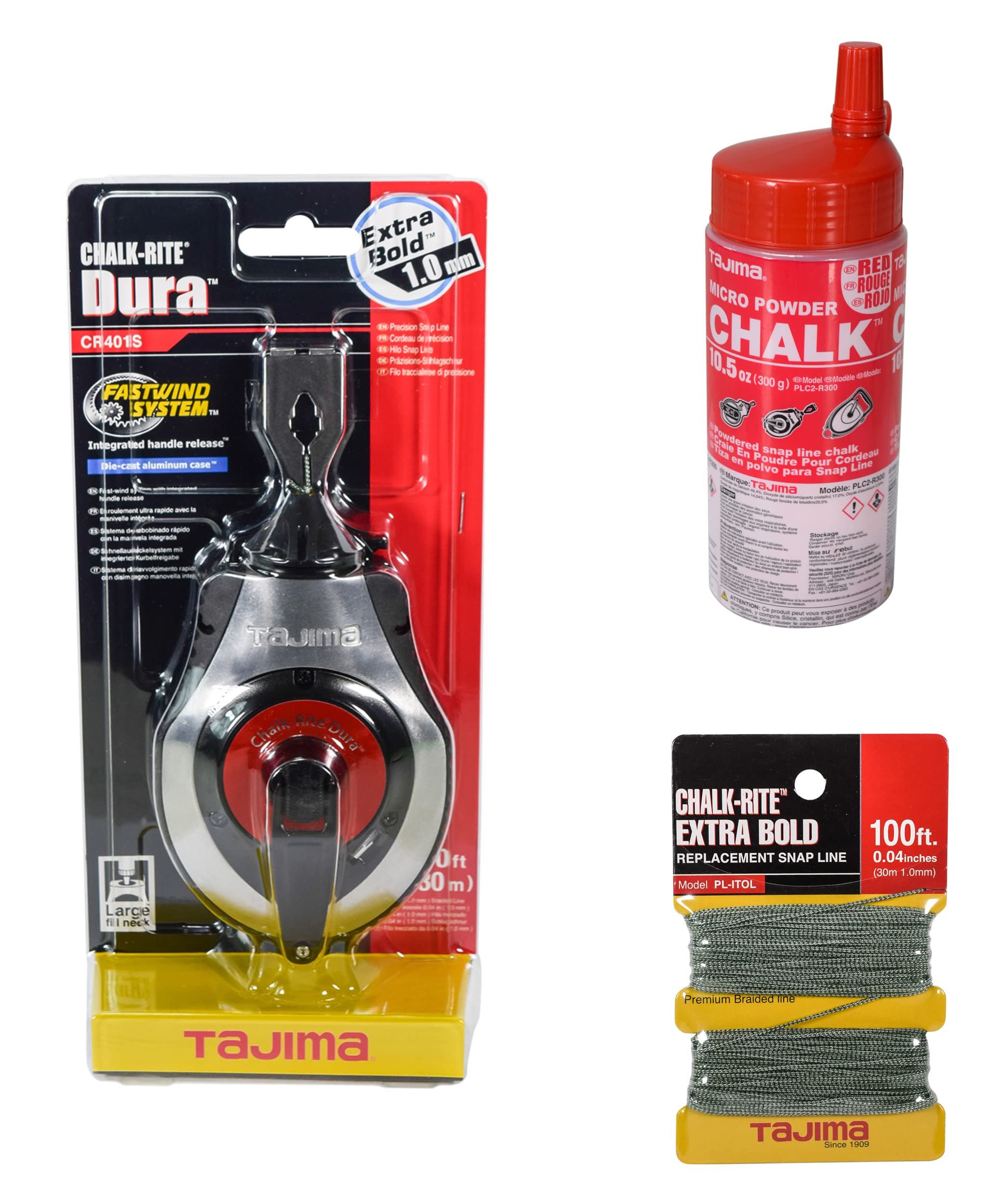 Tajima Chalk-Rite Dura 1mm Snap Line with Extra Bold Braided Replacement Line & 10.5oz Ultra-Fine Red Chalk Powder - Perfect for Construction, Masonry, and DIY Marking Projects