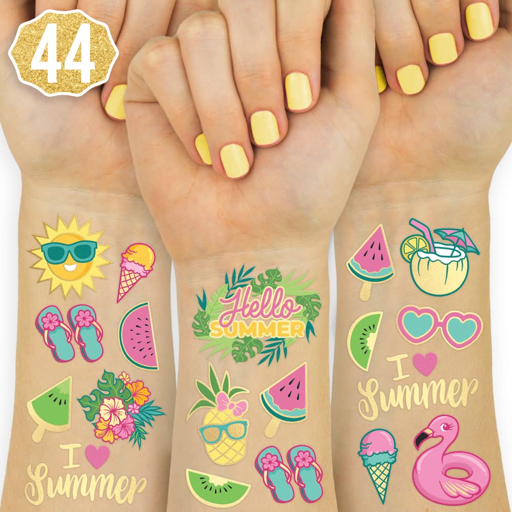 Fetti Summer Pool Party Temporary Tattoos for Kids - Glitter Waterproof Fake Tattoos | Tropical Themed Birthday Party Supplies, Beach Party Favors & Summer Decorations | Perfect for Pool Parties, Beach Vacations & Kids Birthday Celebrations