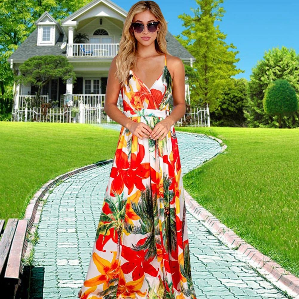 Bohemian Floral Print Women's Maxi Dress - V-Neck Spaghetti Strap Long Sling Dress for Beach, Vacation & Summer Outfits