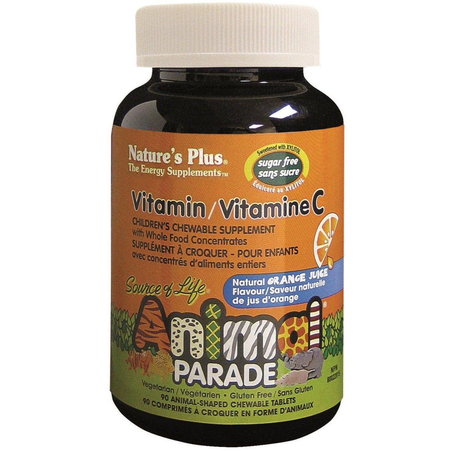 Natures Plus Animal Parade Sugar Free Vitamin C Chewable Tablets for Kids - Orange Flavor, 90 Count | Immune Support & Healthy Growth for Children | Perfect for Daily Nutrition & On-the-Go Snacking