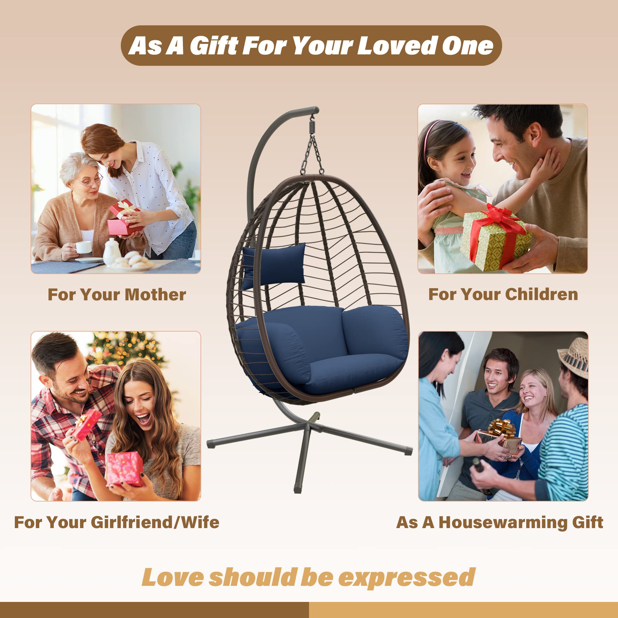 ALAULM Egg Swing Chair - Outdoor Indoor Wicker Rattan Hanging Chair with Stand, 350lbs Capacity, Strong Steel Frame & Dark Blue Cushions - Perfect for Patio, Balcony, Bedroom, Garden Relaxation and Boho Home Decor