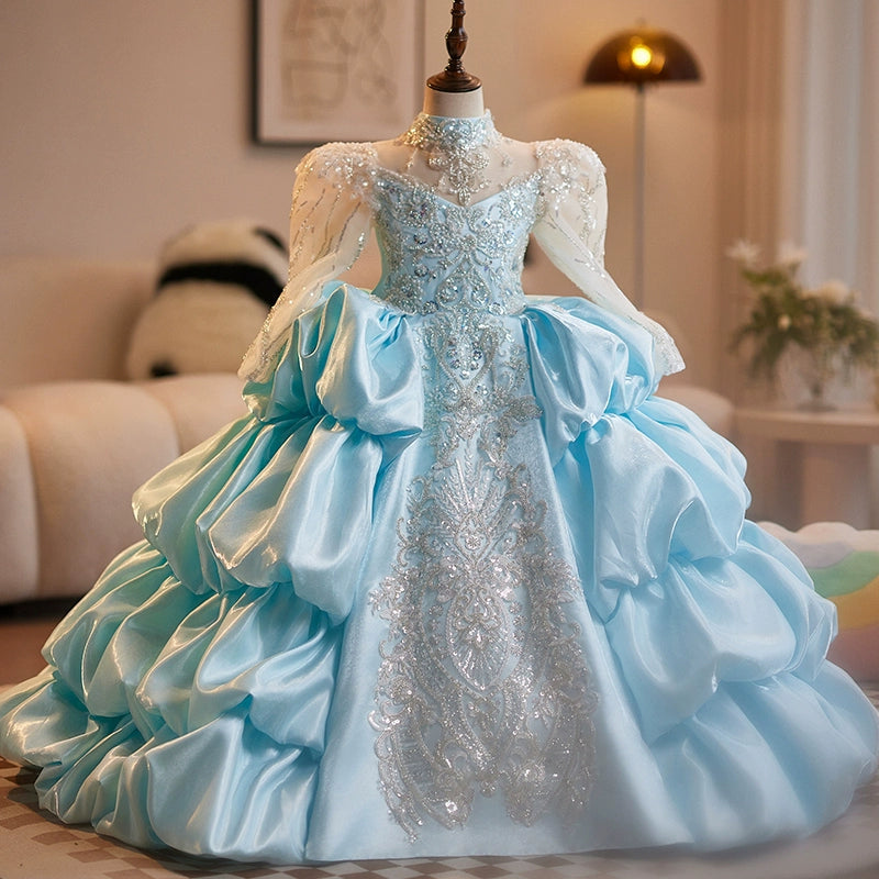 Royal Blue A-Line Princess Flower Girl Dress - Elegant Satin & Lace Bridesmaid Gown for Weddings, Baptisms & Special Occasions