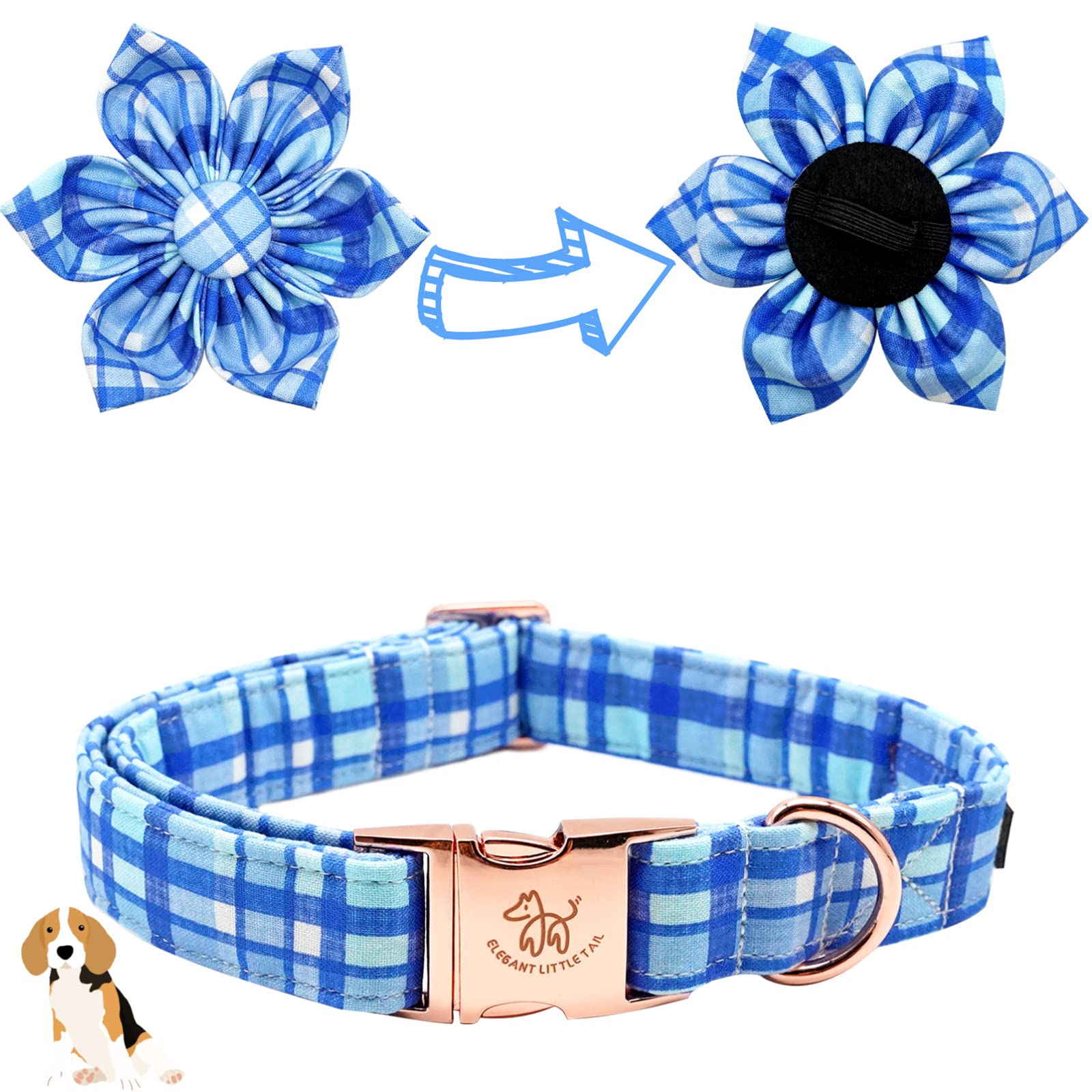 Elegant Blue Plaid Dog Collar with Flower - Soft Adjustable Pet Collar for Medium Dogs | Perfect for Daily Walks, Pet Photos & Special Occasions