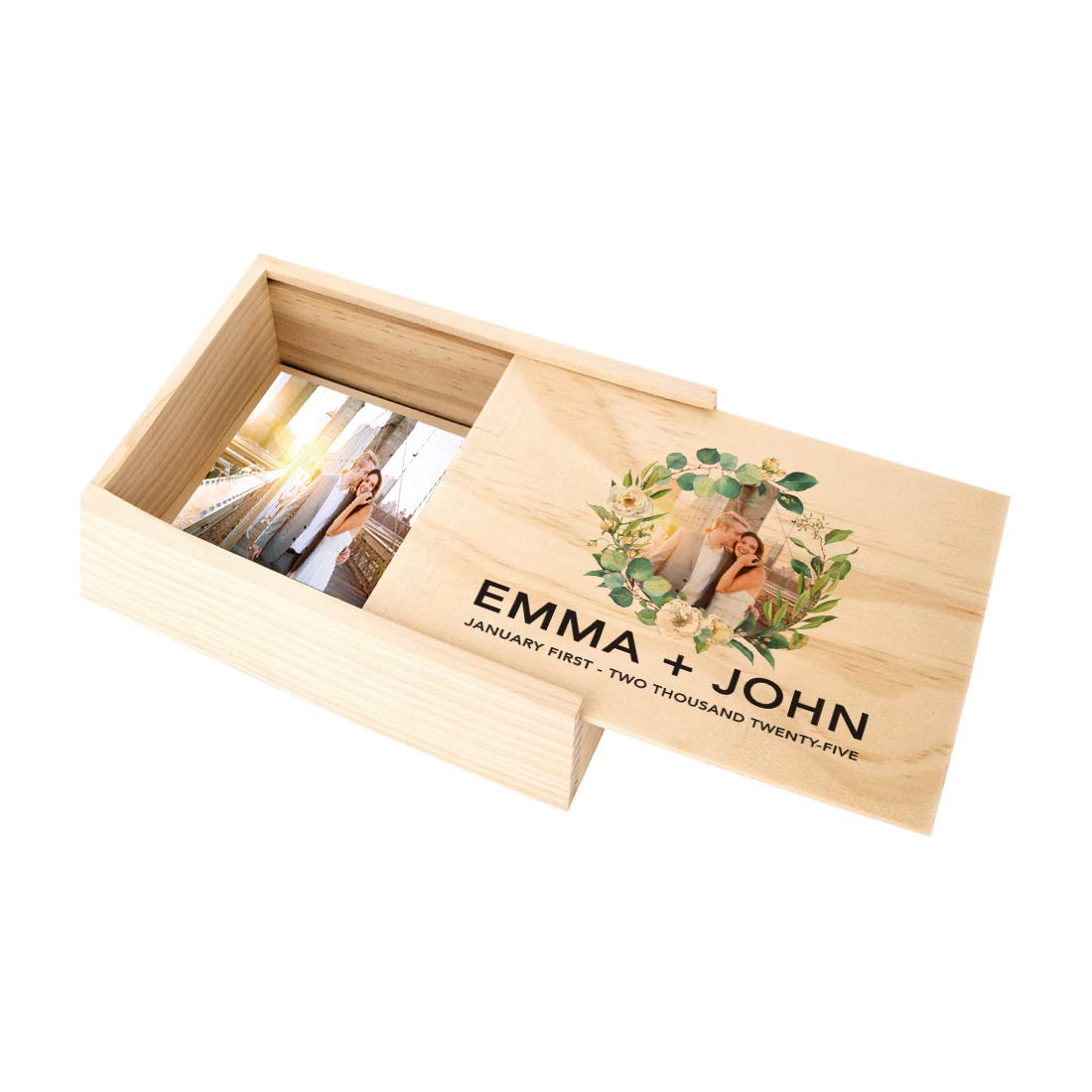 Custom Floral Greenery Wreath Wedding Keepsake Box - 4x6 Inch Natural Wood Memory Box with Lid - Photo Album Gift for Couples, Bridal Shower, Anniversary & Home Decor