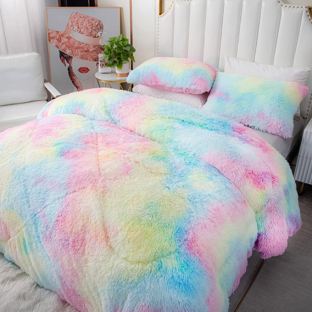 Luxury Faux Fur Comforter Set Full/Queen Size - Ultra Soft Rainbow Pink Fluffy Fuzzy Microfiber Bedding with 2 Pillowcases | Cozy Winter Bedding for Girls Room, Dorm & Home Decor
