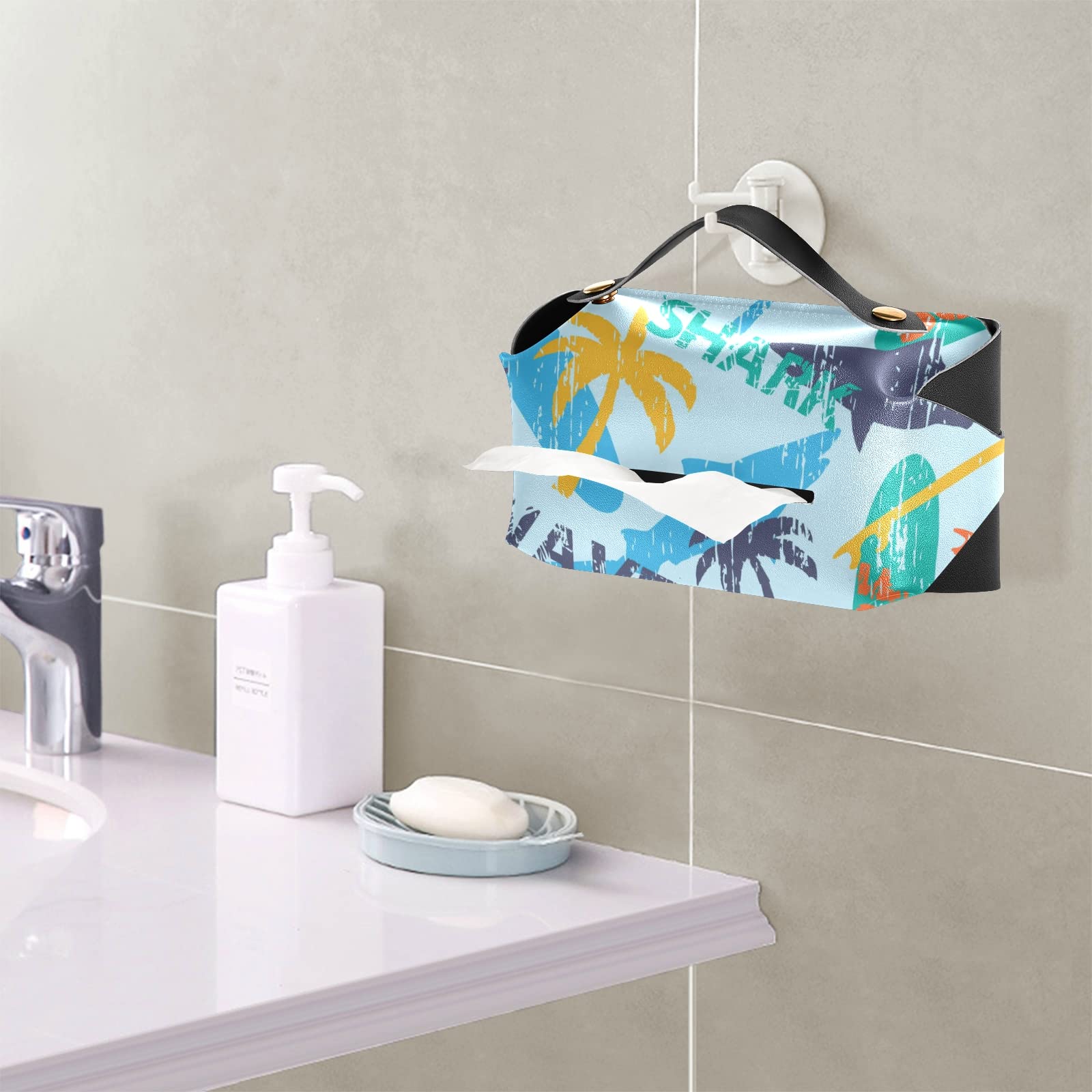 Premium Leather Tissue Box Cover with Handle - Seamless Bright Surfboards, Shark & Palm Trees Design - 5.7x5.7x5.7 Inches - Perfect for Bathroom, Home Nightstand, Vanity Countertop, Office Desk & Car Decor