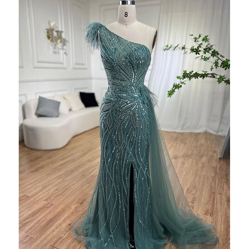 Serene Hill Turquoise Mermaid Evening Gown with High Split & Beaded Feather Skirt - Women's Sexy Party Dress 2025 (LA71955) | Perfect for Prom, Gala & Formal Events