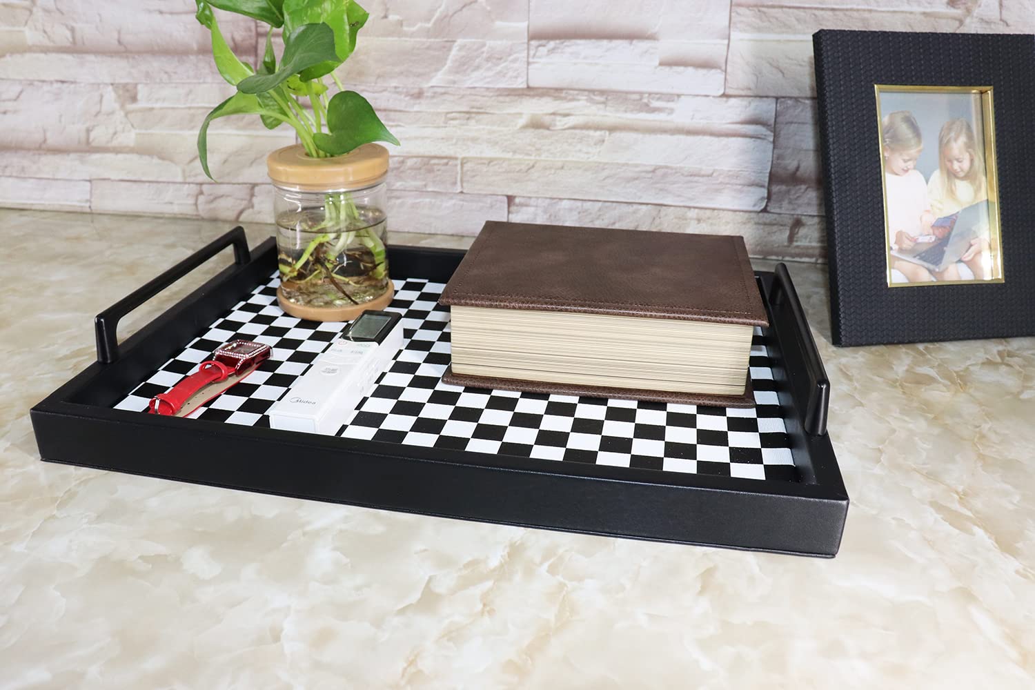 MCBZ Decorative Serving Tray - 16.5 x 12.6 Inch Leather Ottoman Tray with Metal Handles for Coffee Table, Living Room, Bedroom - Black and White Grid Pattern (Perfect for Breakfast in Bed, TV Snacks & Home Decor)