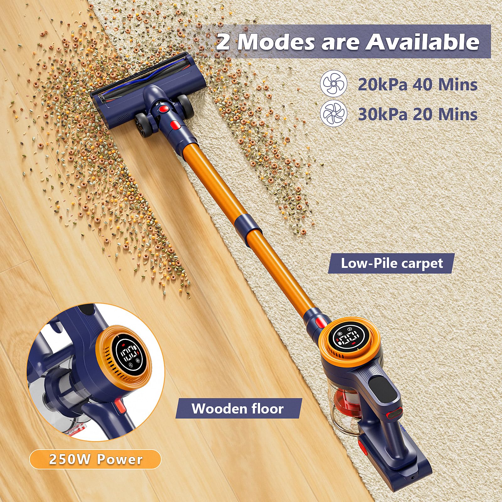35kPa Strong Suction Cordless Vacuum Cleaner with 2200mAh Removable Battery - 6-in-1 Lightweight Handheld Stick Vacuum for Carpets, Hard Floors & Pet Hair - Anti-Tangle & Portable Design - Perfect for Home Cleaning, Car Detailing & Pet Hair Removal (Orange)