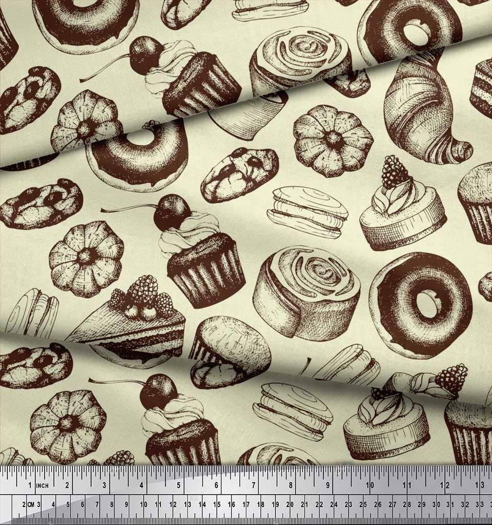Soimoi 42 Inch Wide Poly Georgette Yellow Fabric by The Yard - Cupcake, Donut & Cookies Food Print for DIY Crafts, Quilting, Dressmaking & Home Decor Projects - Whimsical & Delightful Printed Fabric