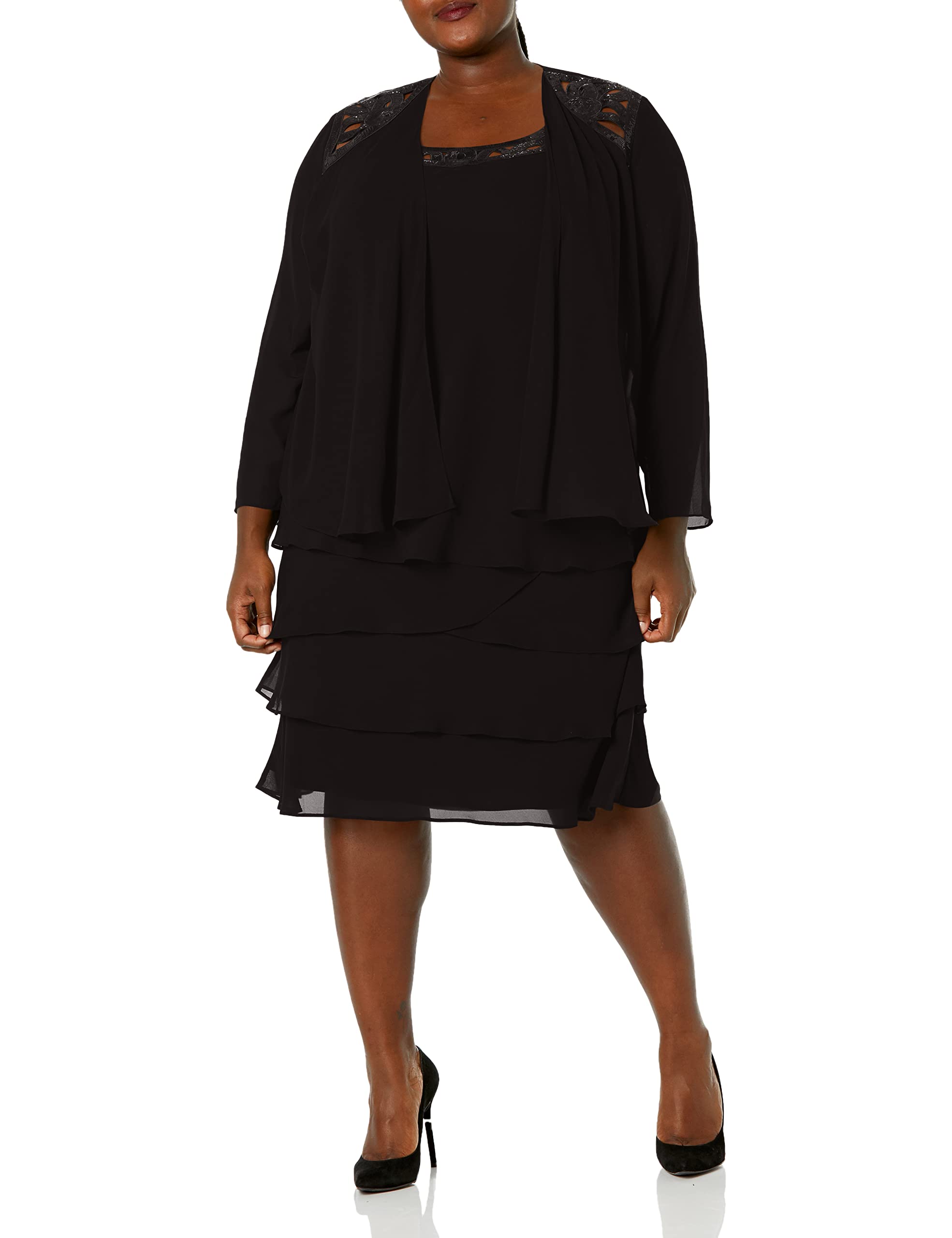 S.L. Fashions Women's Plus Size Sequin Chiffon Jacket Dress for Evening Party, Wedding Guest, Cocktail Attire & Special Occasions