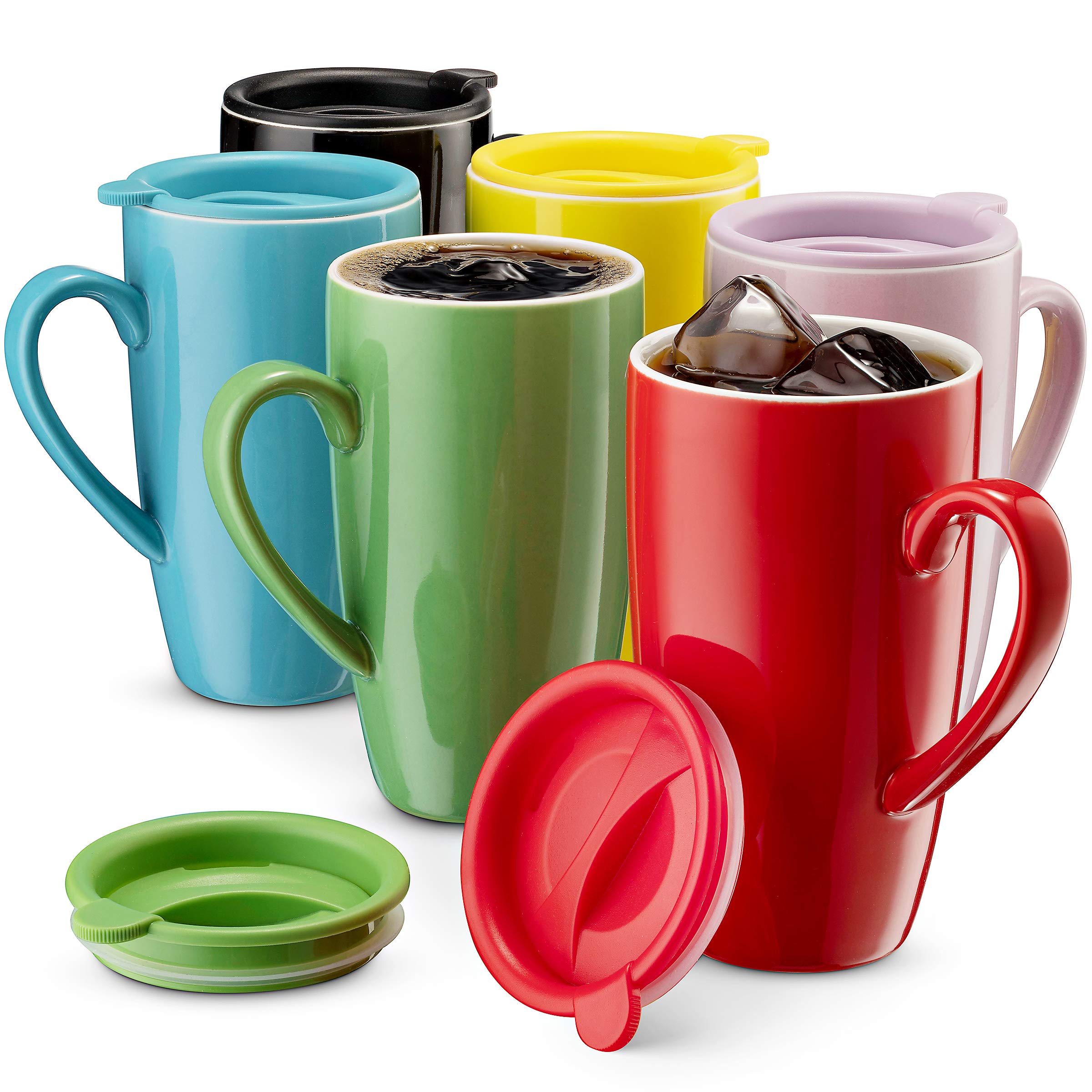 Premium 6-Pack Ceramic Coffee Mugs with Lids - 16oz Insulated Travel Tumbler Set for Hot & Cold Drinks - Perfect for Office, Camping, Road Trips & Daily Commute - BPA-Free & Dishwasher Safe