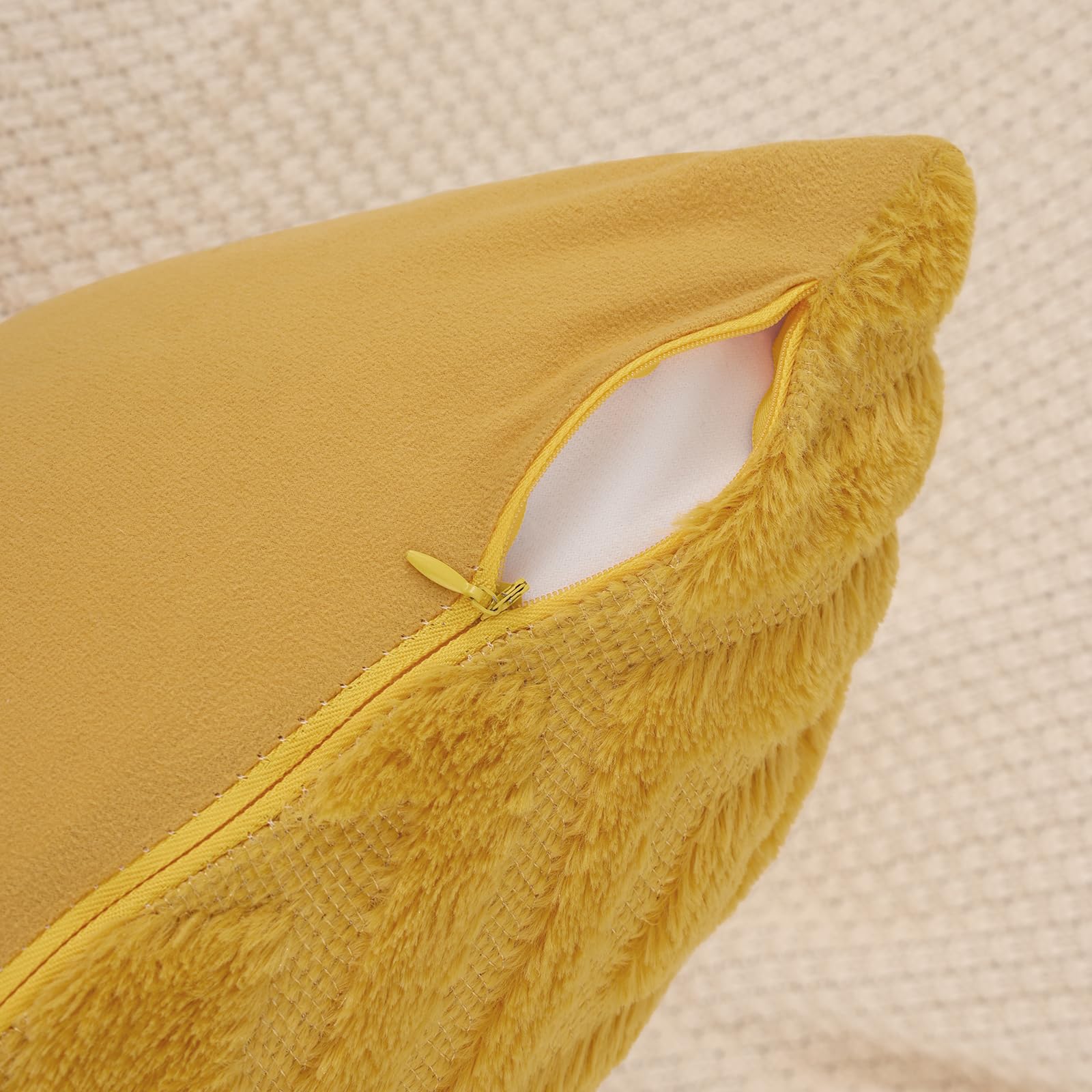 Pallene Soft Faux Fur Throw Pillow Covers 22x22 Set of 2 - Plush Wool Decorative Couch Pillow Covers for Sofa, Bed, Living Room - 3D Diamond Pattern Mustard Yellow - Perfect for Home Decor, Cozy Winter Nights & Gift Giving