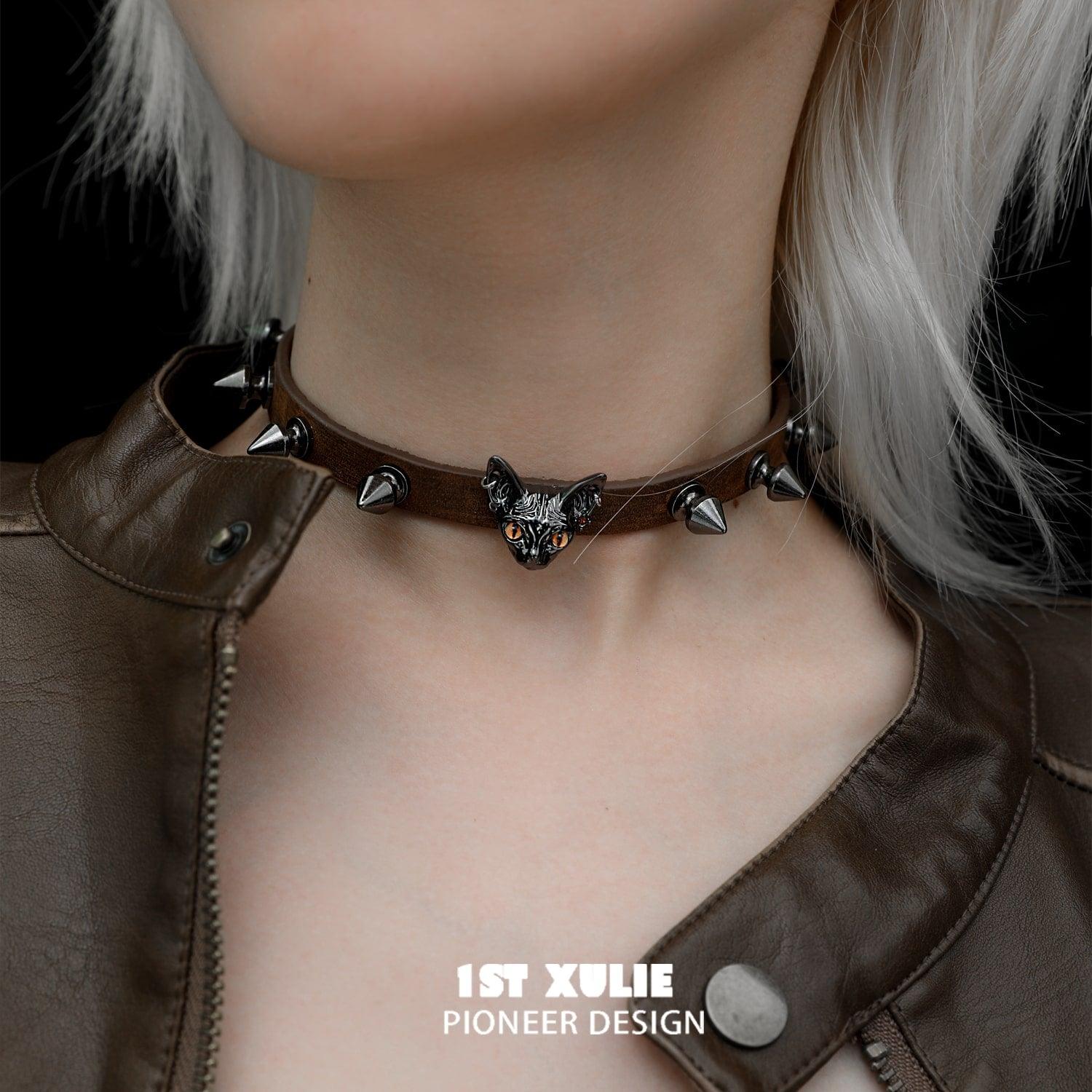 Stylish Cowhide Studded Choker for Women - Gothic Cat Eye Design Leather Necklace - Perfect for Halloween, Cosplay & Punk Fashion Accessories
