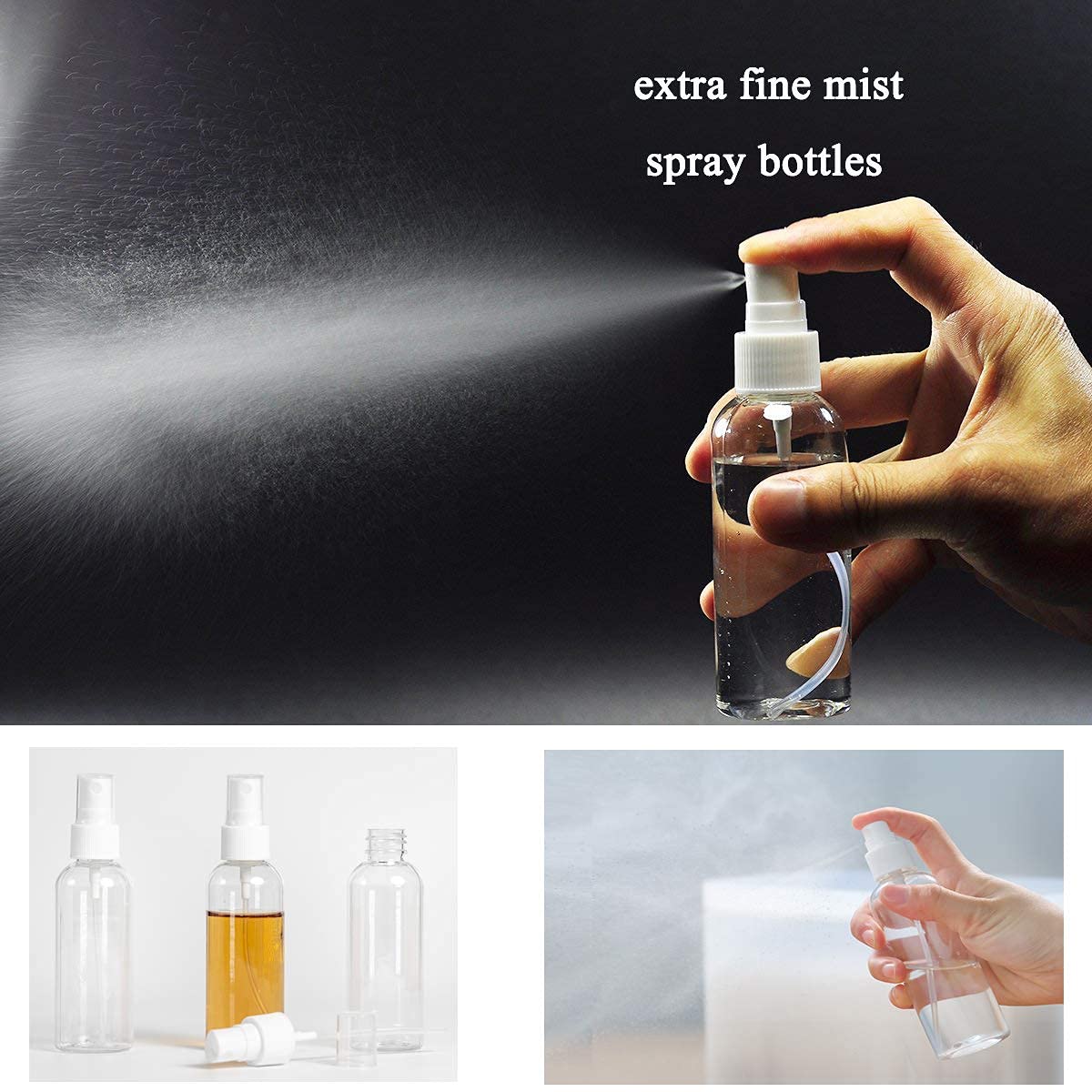 ikis 100ml Refillable Fine Mist Spray Bottles (Set of 3) - Transparent Plastic Empty Bottles for Cleaning, Home, Office, Car & Travel | Perfect for DIY Beauty, Plant Care & Household Cleaning Solutions