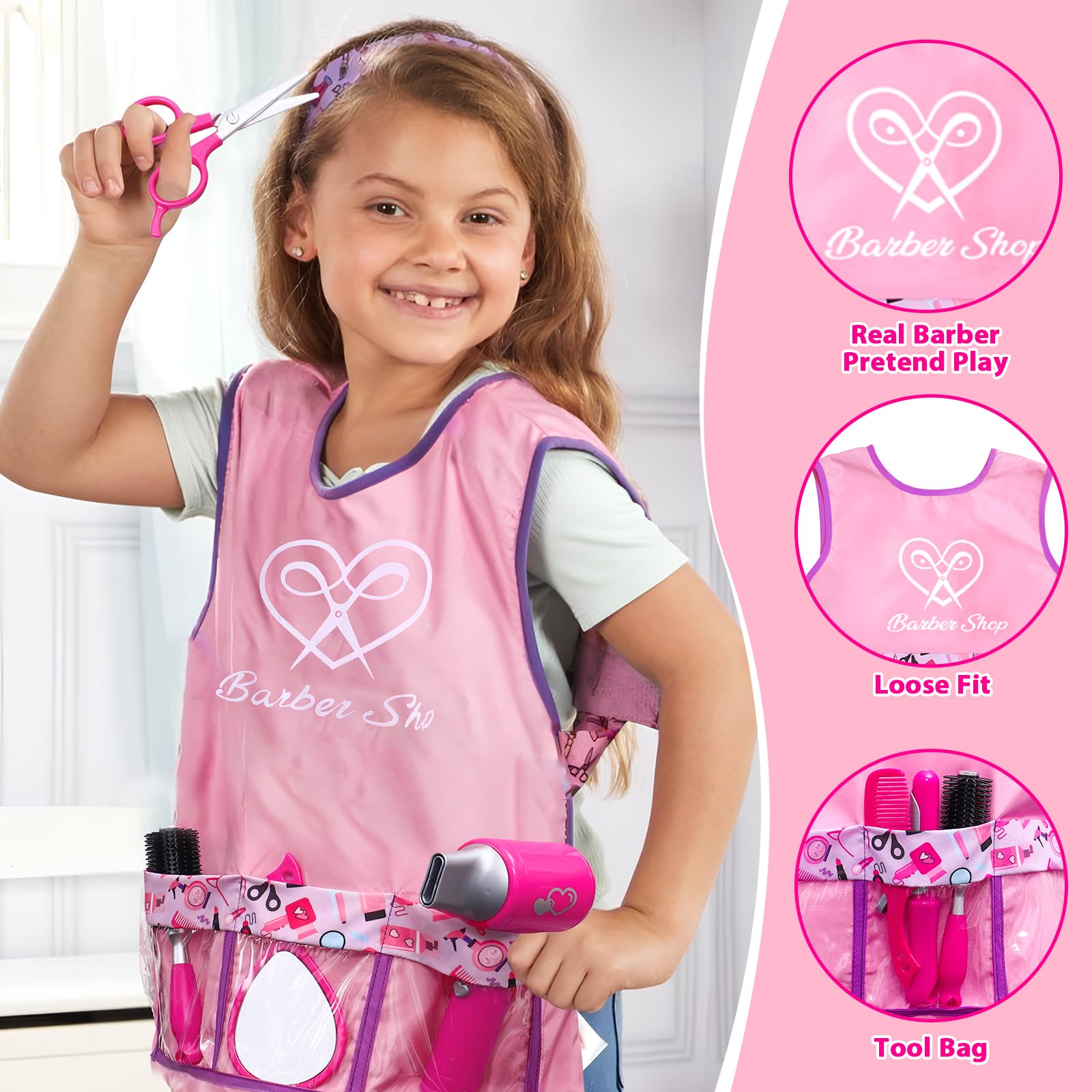 Lorfancy 49-Piece Kids Pretend Play Hair Salon & Beauty Makeup Set with Hairdryer, Apron, Curling Iron, Flat Iron, Mirror & Scissors - Toddler Dress Up Toys for Girls - Perfect Birthday Gift for Pretend Play, Role Play & Creative Fun