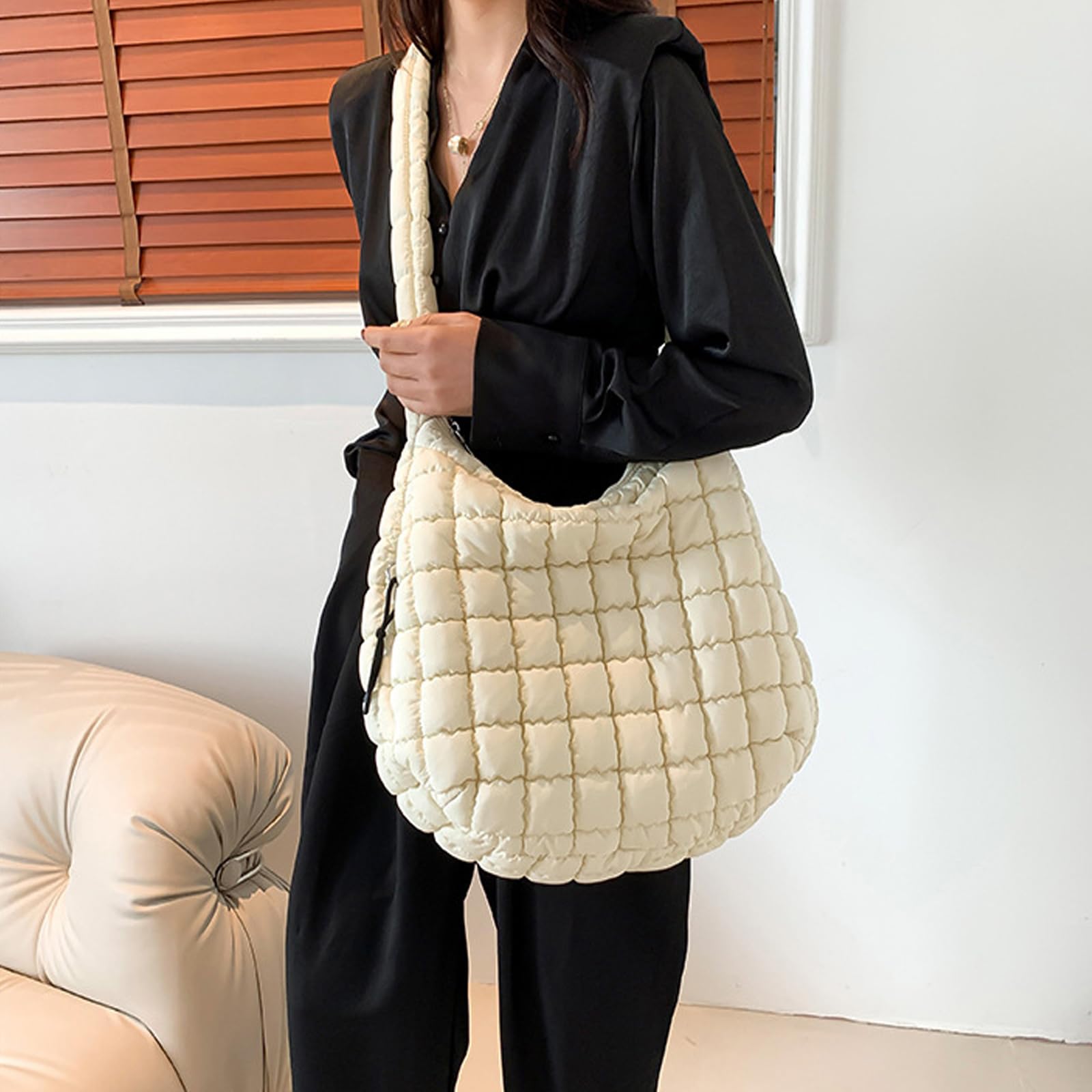 Quilted Puffer Tote Bag for Women - Large Lightweight Crossbody Shoulder Bag - Soft Puffy Carryall Handbag for Work, Travel & Shopping