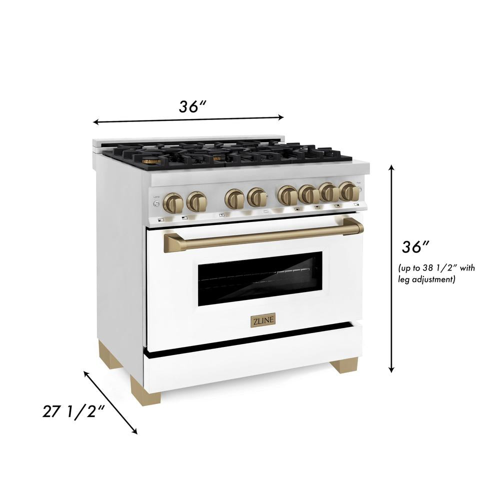 ZLINE Autograph Edition 36-inch Stainless Steel Dual Fuel Range with White Matte Door & Champagne Bronze Range Hood - Professional Kitchen Package for Home Chefs | Perfect for Gourmet Cooking & Entertaining