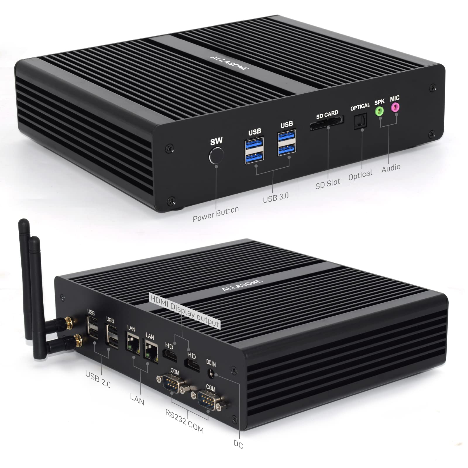 ALLASONE Mini PC Windows 10 Pro, Intel Core i7-5500U Processor, 16GB RAM 512GB SSD Mini Desktop Computer - Dual LAN, HDMI, Wi-Fi, Bluetooth 4.0, 2x RS232 COM Ports, SD Card Slot for Home Office, Business, Digital Signage & Industrial Automation
