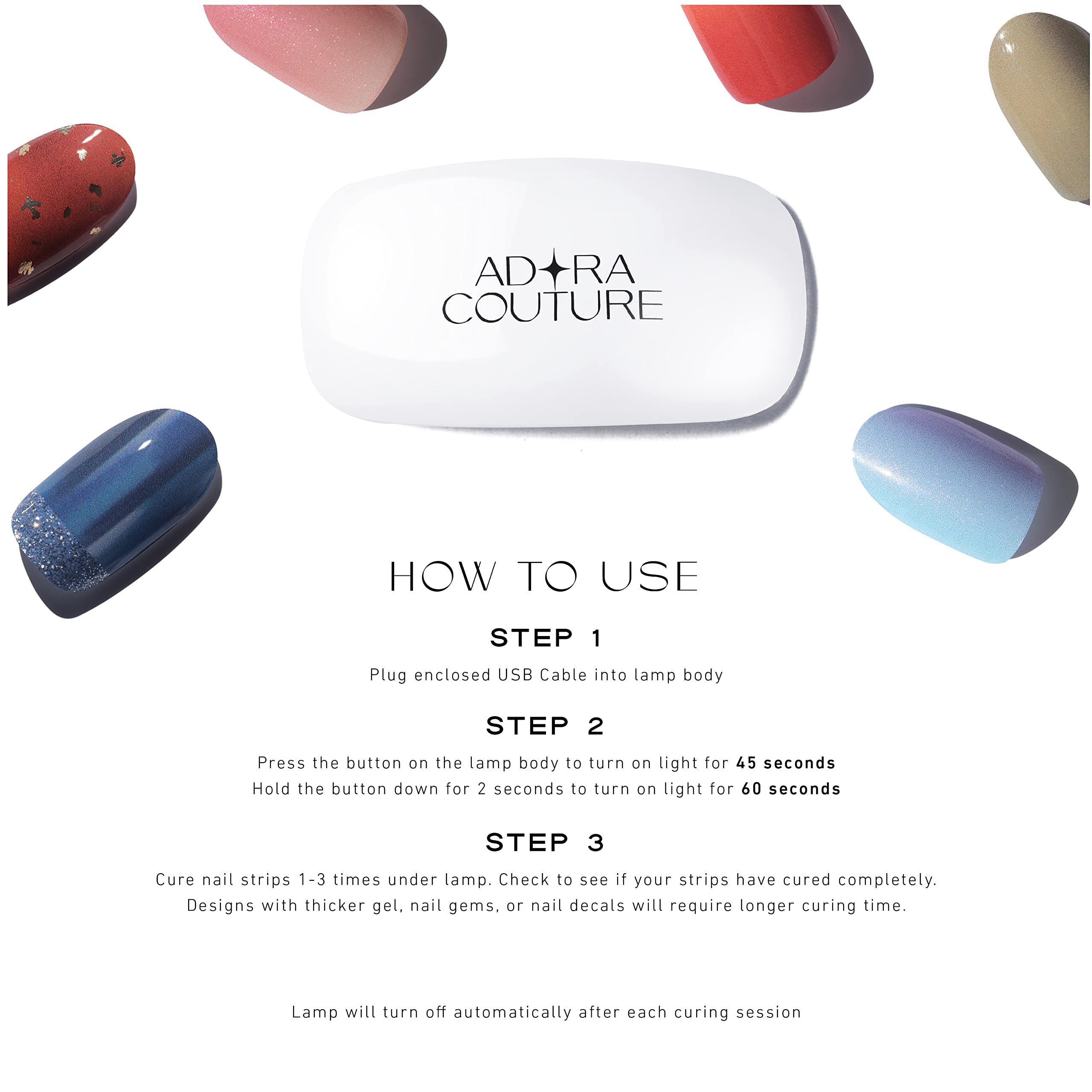 Adora Couture 6W UV LED Nail Lamp - Portable Gel Nail Dryer for Gel Polish, Nail Art, Stickers & Strips - 45s/60s Timer - Perfect for Home Manicures & Salon Use