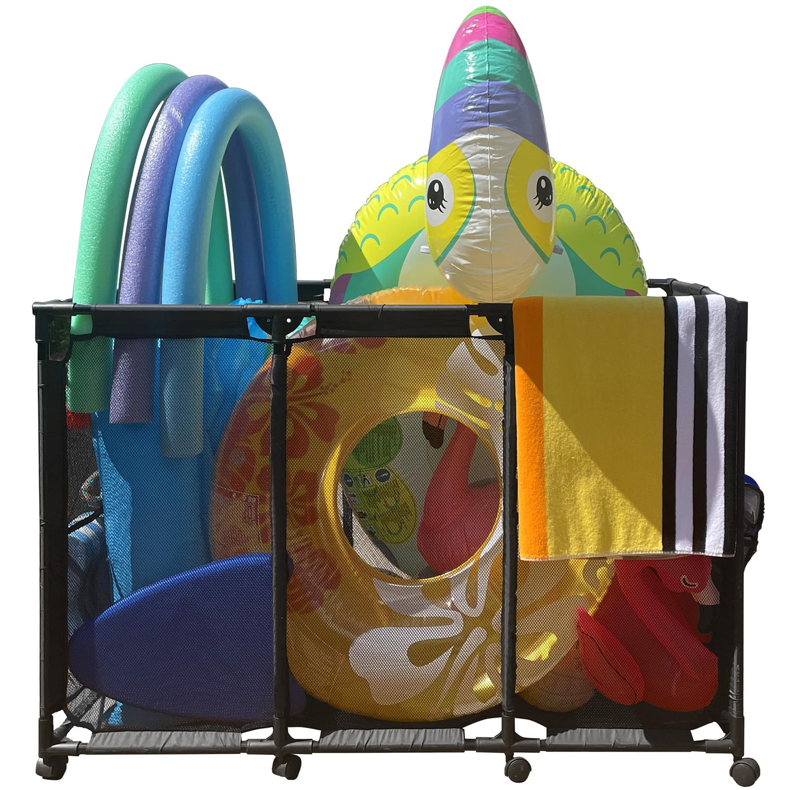 XXL Heavy Duty Black Metal Pool Float Storage Organizer - Perfect for Pool Noodles, Inflatables, Floats & Towels - Outdoor Pool Toy Storage Bin with Easy Cleanup - Ideal for Backyard, Beach & Poolside Organization