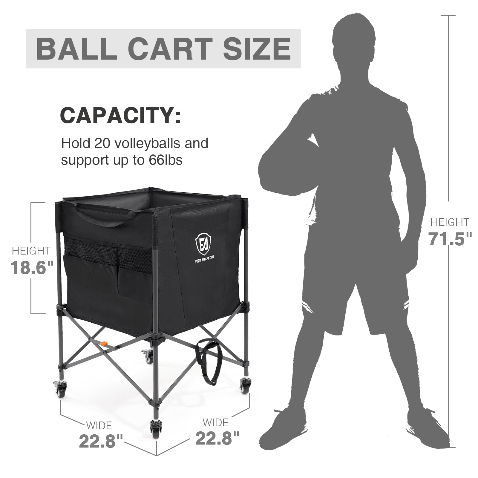 EVER ADVANCED Rolling Ball Storage Cart with Lockable Wheels - 33 x 22.8 Inch Collapsible Sports Equipment Organizer for Volleyball, Basketball, Tennis & Toys - Perfect for Garage, Gym, Playroom & Family Sports Storage