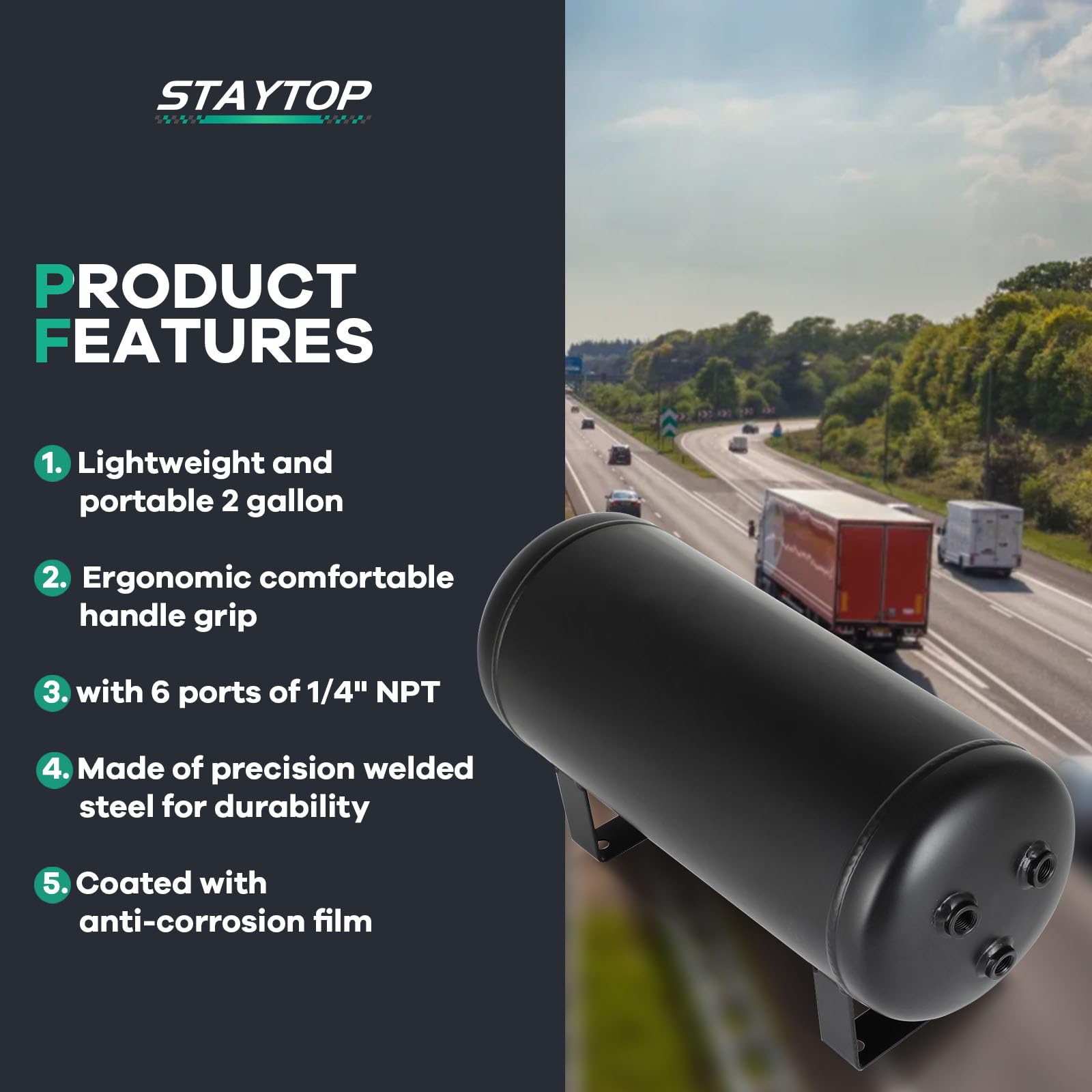 STAYTOP 2 Gallon (8 Liter) 6 Ports Air Suspension Tank for Train Horn & Air Ride Systems - 200 PSI Heavy Duty Air Compressor Reservoir - Perfect for Trucks, SUVs & Custom Vehicle Upgrades