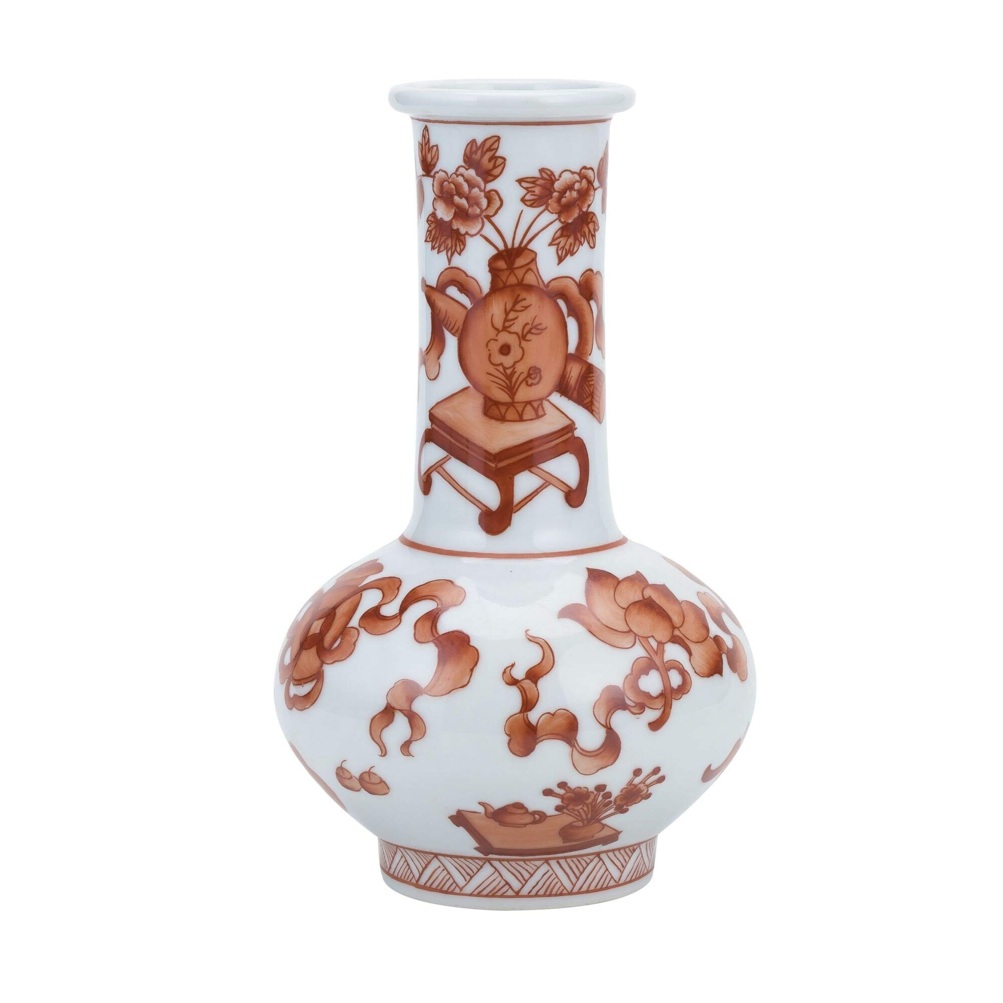 Orange Small Vase with Long Neck and Symbol Motif - Handmade Porcelain Home Decor for Dining Table, Living Room, or Wedding Centerpiece