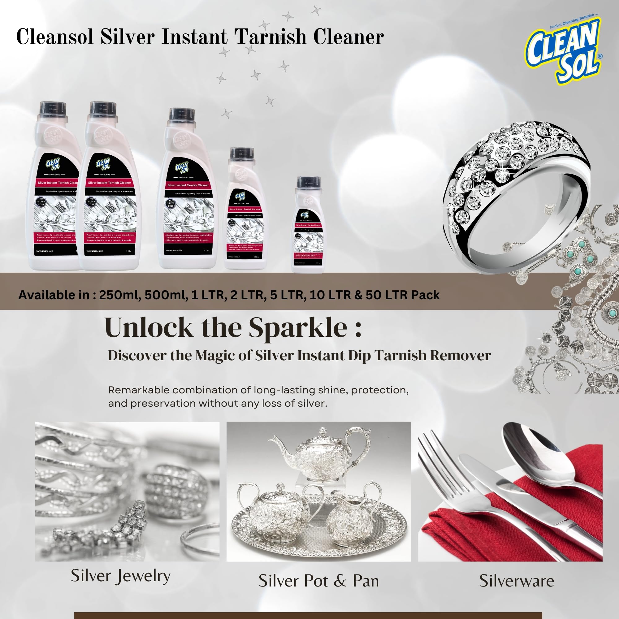 Cleansol Silver Cleaning Liquid - Fast-Acting Silver Dip & Tarnish Remover for Jewelry, Silverware & Antiques (250ml) - Perfect for Polishing Rings, Necklaces, Cutlery & Collectibles