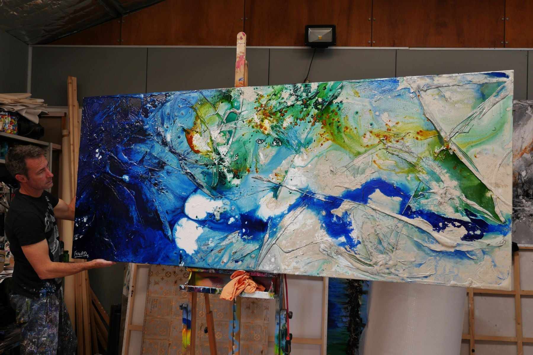 Nature's Class 240cm x 100cm Blue White Green Textured Abstract Canvas Wall Art - Perfect for Living Room, Bedroom or Office Decor
