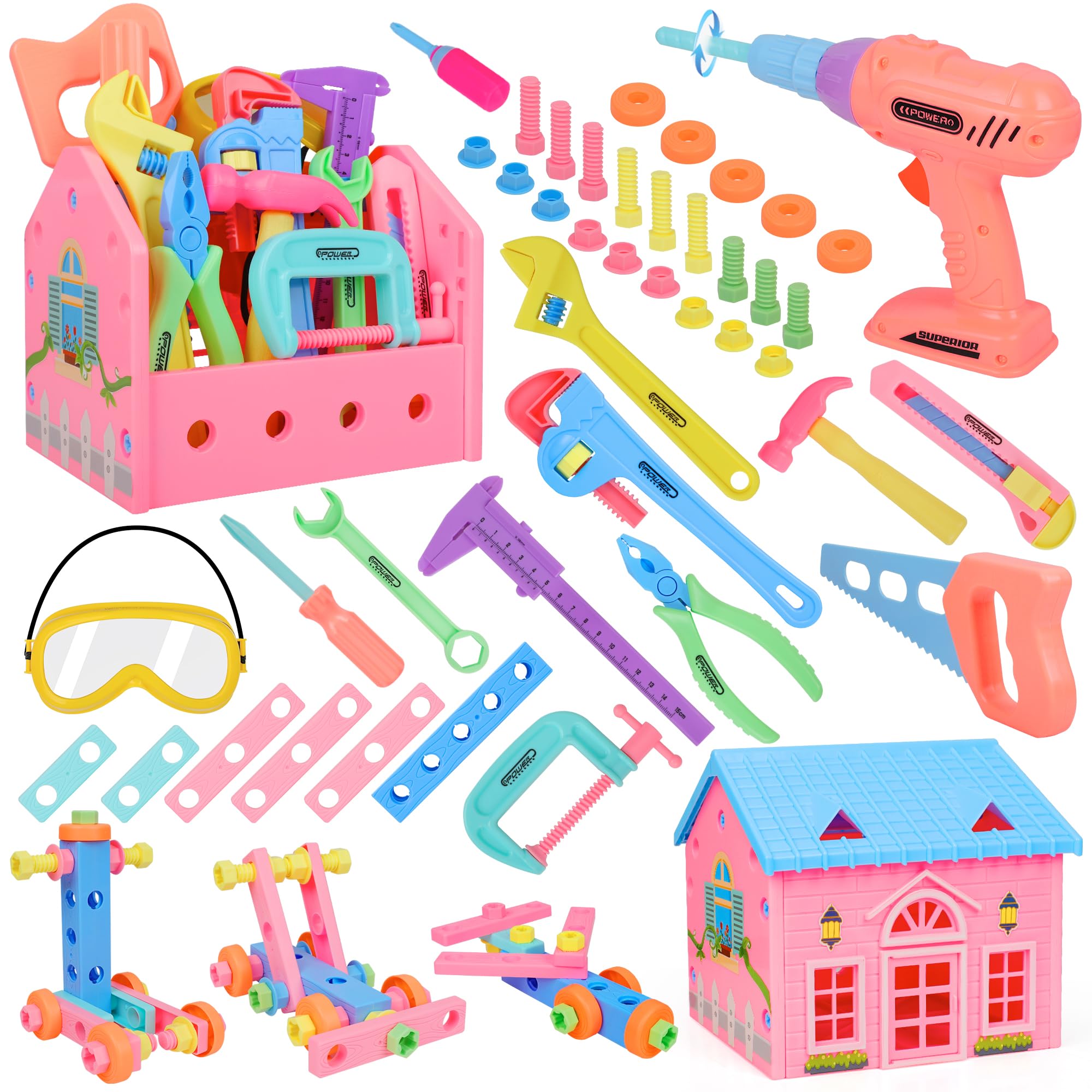 STEM Building Toys for Girls Ages 3-7 - Pink Construction Playset with Electric Drill, Tool Box & Safety Goggles - Educational Learning Toys for Toddlers - Perfect for Pretend Play, Birthday Gifts & Preschool STEM Activities