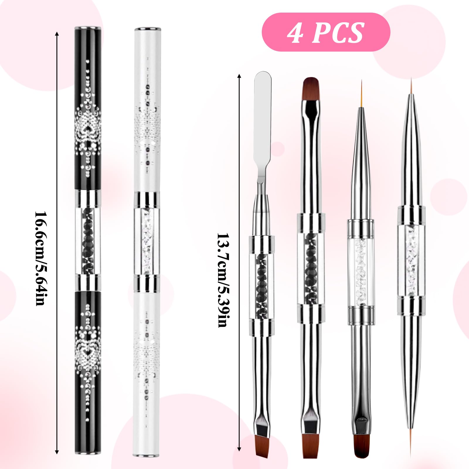 4pcs Dual-Ended Professional Nail Art Brushes - Builder Gel Brush & French Tip Liner with Rhinestone Handle for Hard Gel, Manicure & Nail Design | Perfect for Salon, Home DIY & Professional Nail Artists