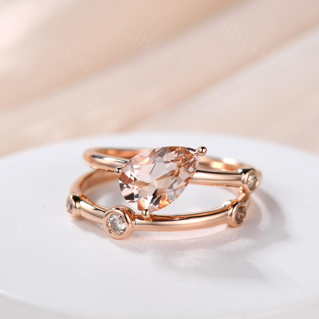 6x9mm Pear Shaped Morganite Engagement Ring Set with Coffee Diamond Accents - Perfect for Wedding Proposals, Anniversary Gifts & Special Occasions
