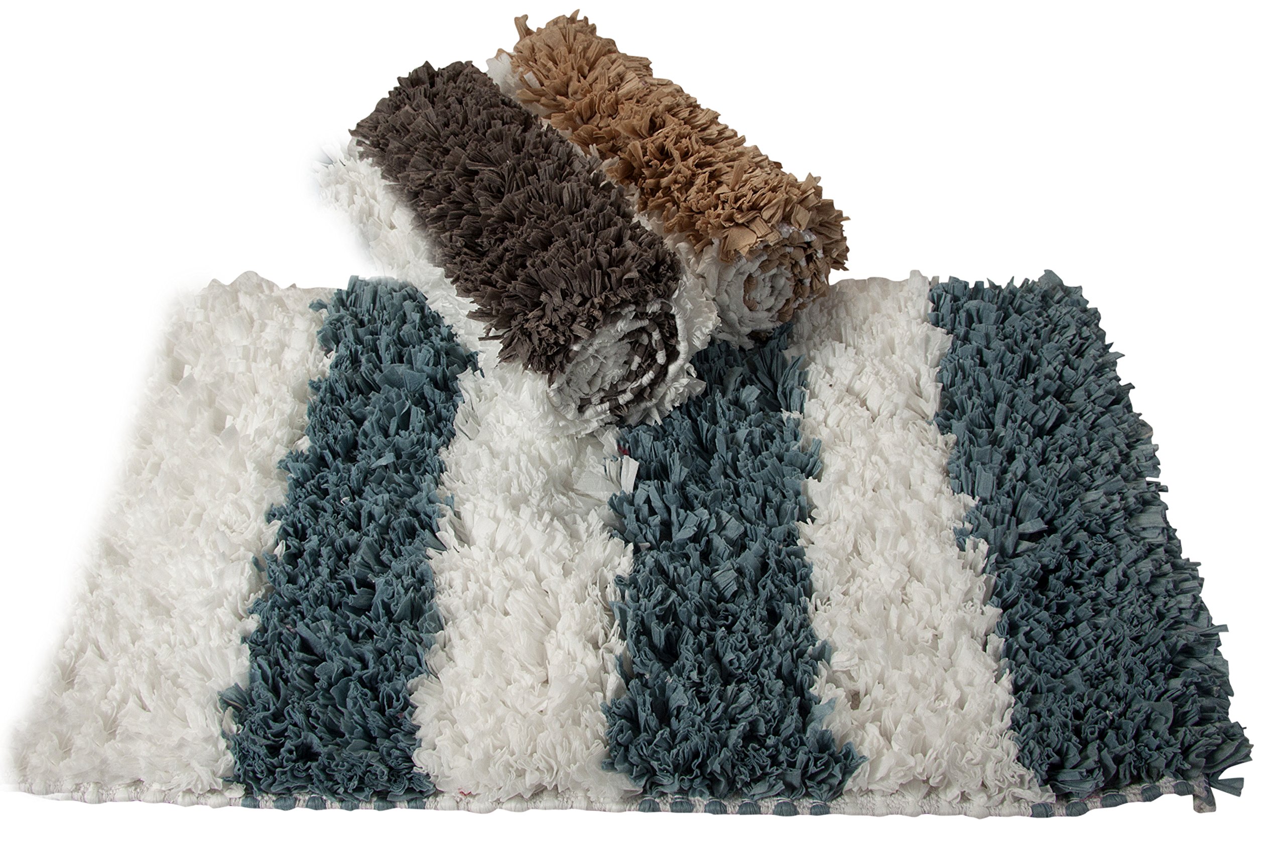 Premium Handloom Woven Bath Rug - 34x21 Inches Soft Polyester/Viscose/Cotton Blend - White & Beige Striped Pattern (GSF 200) - Non-Slip Bathroom Mat for Modern Home Decor, Spa & Guest Bathrooms