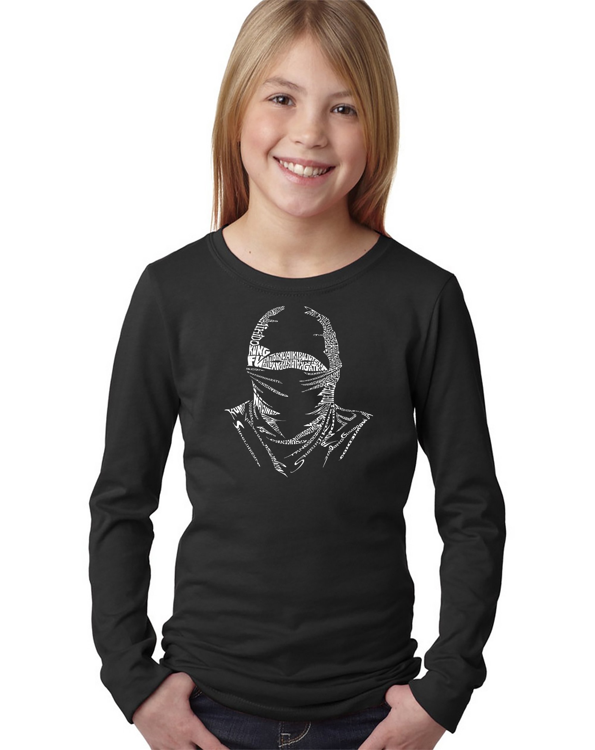LA POP ART Girls Long Sleeve Graphic T-Shirt with Ninja Word Art - Trendy Casual Wear for School, Street Style & Teen Fashion