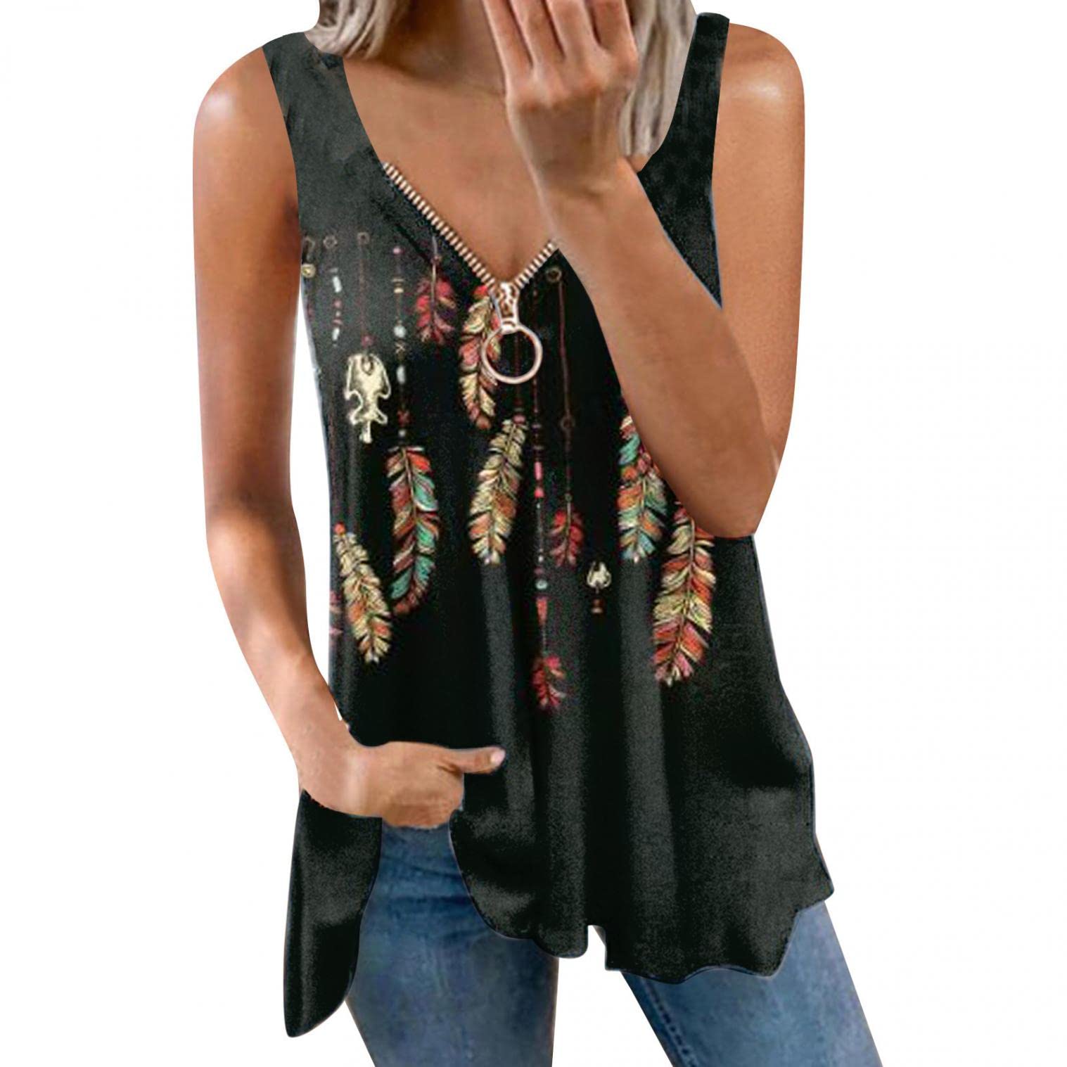 Women's Summer Fashion Tank Tops - Trendy Loose Fit Sleeveless Blouse with Cute Printed V-Neck & Zipper Detail | Perfect for Beach Outings, Casual Wear & Summer Vacations