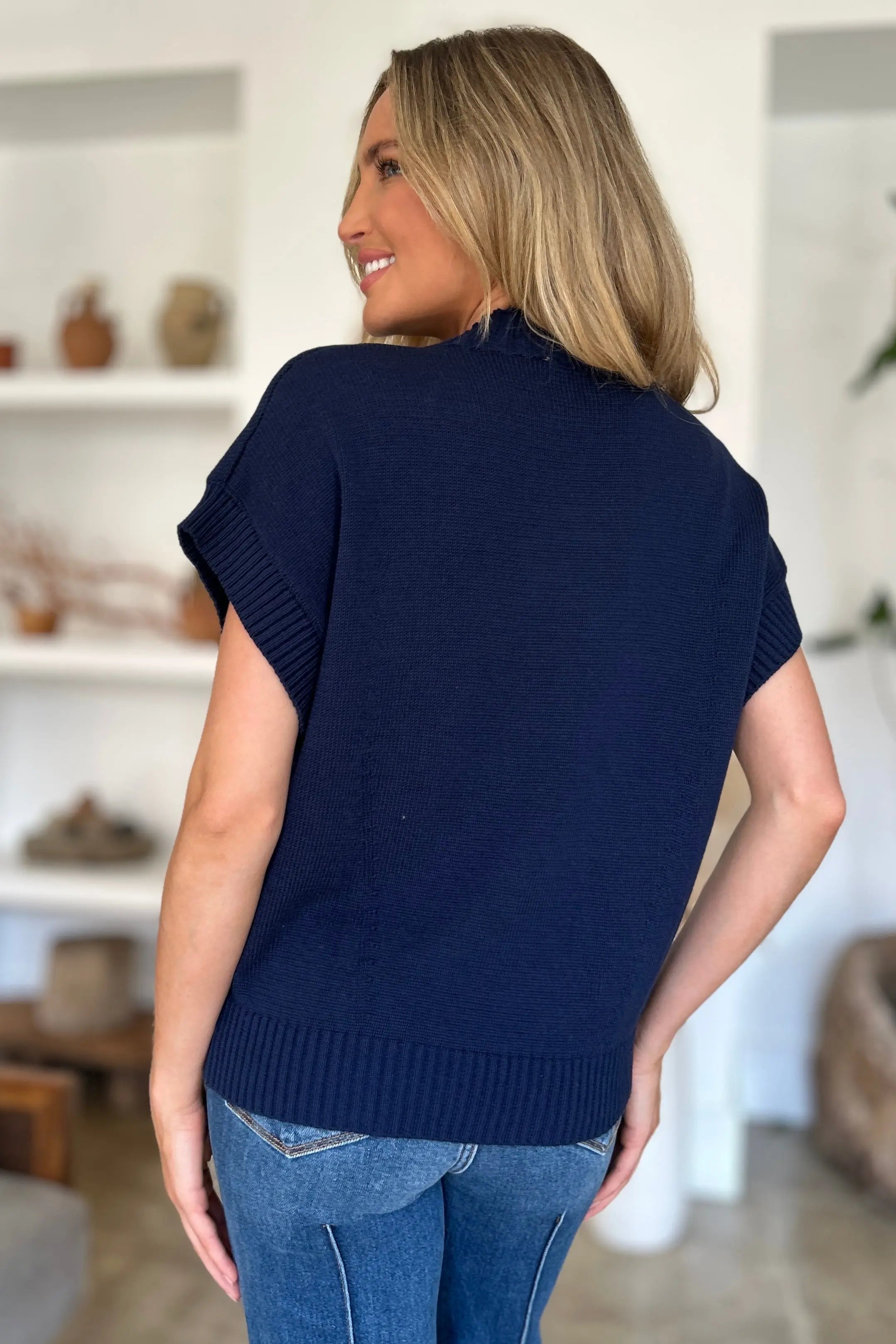 Double Take Full Size Mock Neck Short Sleeve Sweater for Women - Soft Knit Pullover Top for Casual Wear & Office Outfits | Perfect for Fall & Winter Layering