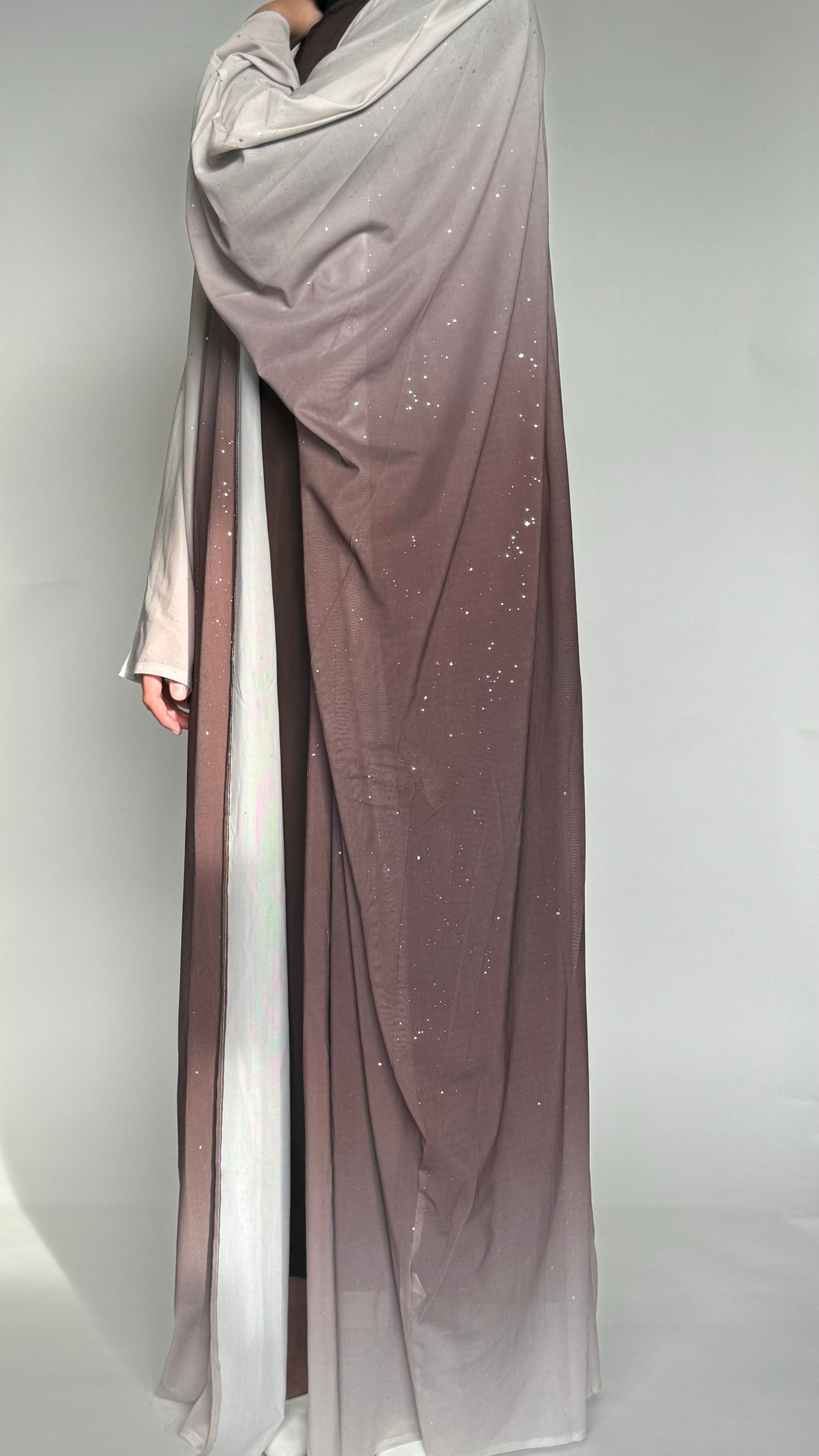 Elegant Brown & Beige Open Front Abaya with Sparkles - Modest Muslim Dress for Women - Perfect for Prayer, Eid, Weddings & Special Occasions