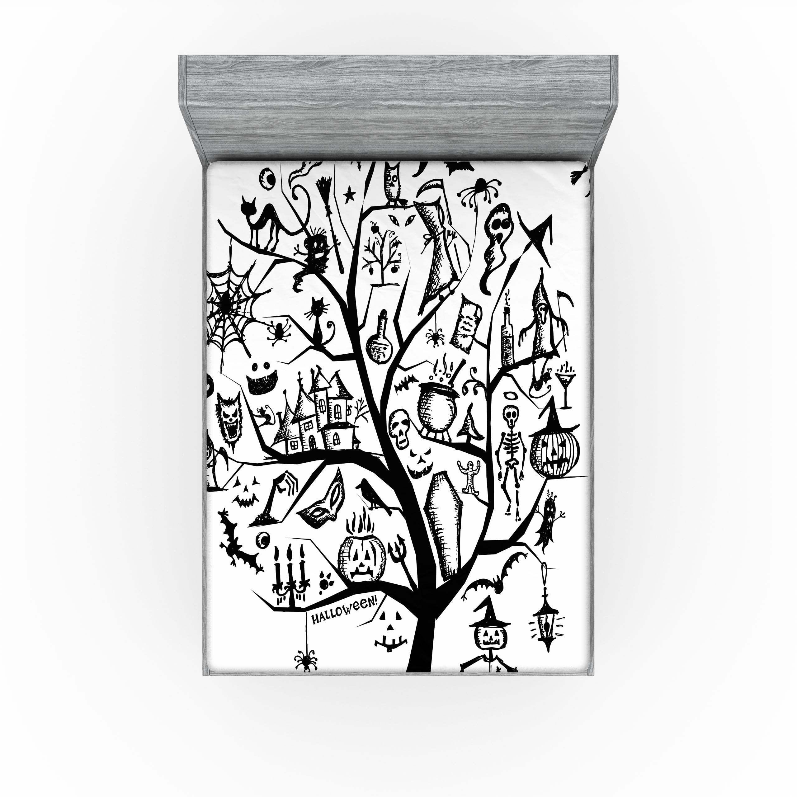Ambesonne Halloween Fitted Sheet - Spooky Tree & Witch Broom Abstract Design, Deep Pocket King Size Bed Cover in Black & White | Perfect for Halloween Decor, Themed Bedrooms & Spooky Sleepovers
