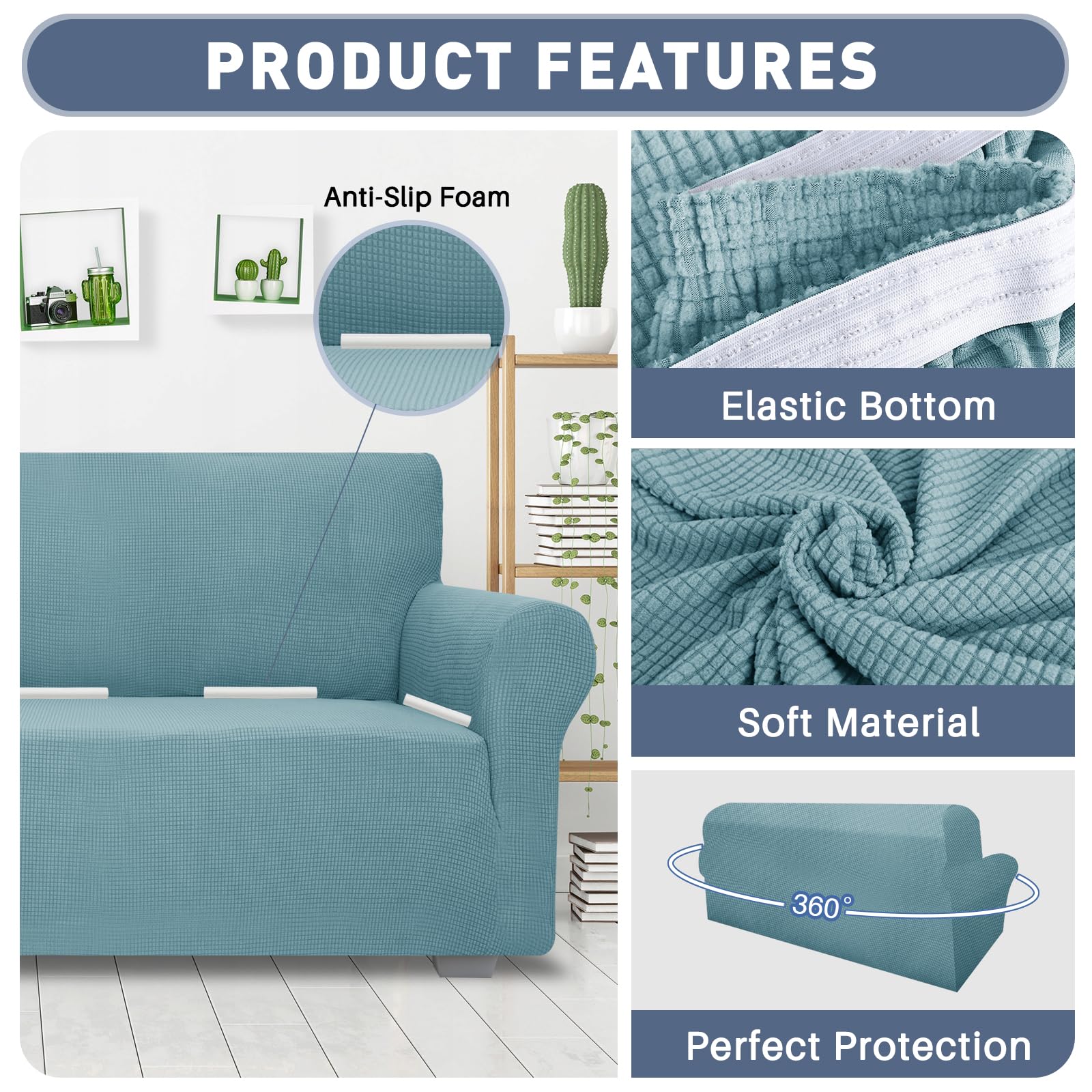 JIVINER Stretch Jacquard 2-Cushion Loveseat Slipcover - Anti-Slip Sofa Cover Protector for Pets & Kids, Light Blue - Perfect for Living Room, Family Room & Pet-Friendly Homes