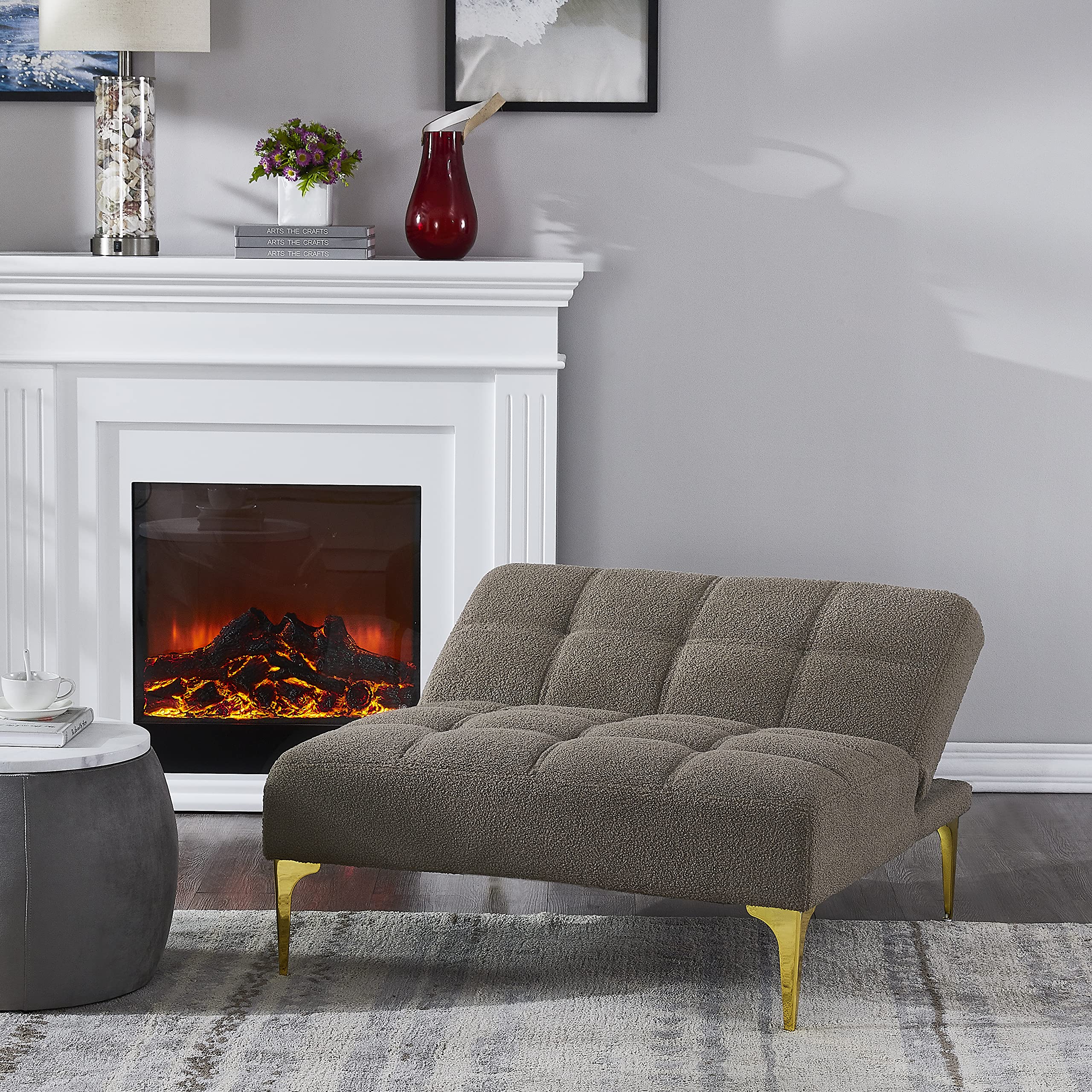 Polibi Modern Convertible Folding Sofa Bed with Adjustable Backrest - Teddy Fabric Taupe Couch with Golden Legs & Toss Pillow - Space Saving Single Sofa Chair for Small Apartments, Guest Rooms & Home Offices