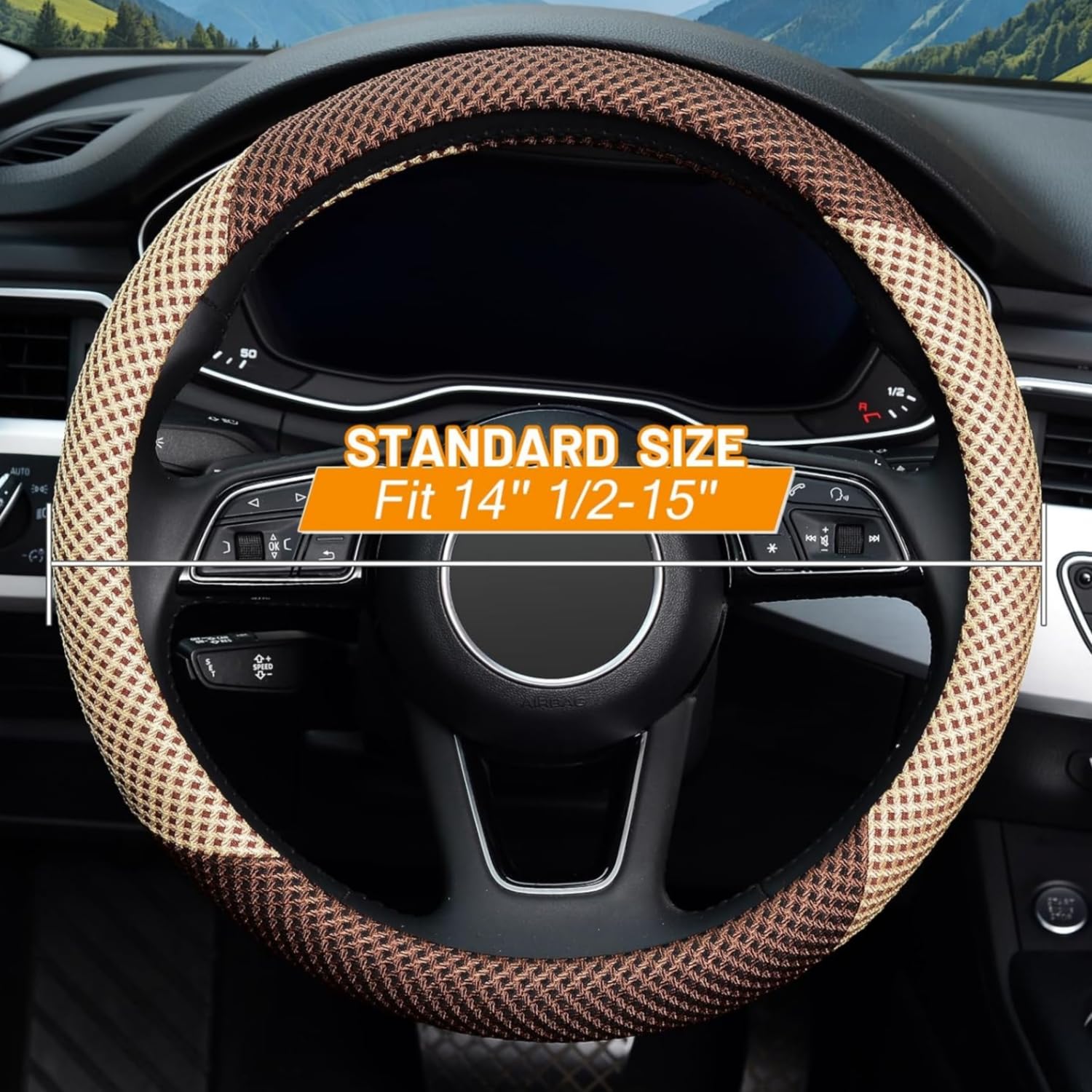 Universal 15 Inch Microfiber Steering Wheel Cover - Breathable Ice Silk Anti-Slip Car Accessory for Men & Women | Warm in Winter & Cool in Summer | Beige & Brown | Perfect for Daily Commute, Road Trips & All-Season Driving Comfort