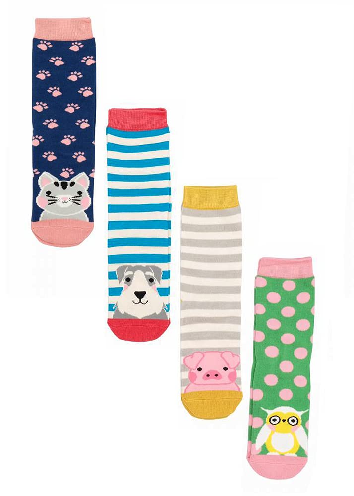 Miss Sparrow - 4 Pack Girls Bamboo Socks | Soft Kids Animal Print Socks in Gift Box | Perfect for School, Play & Holiday Gifts