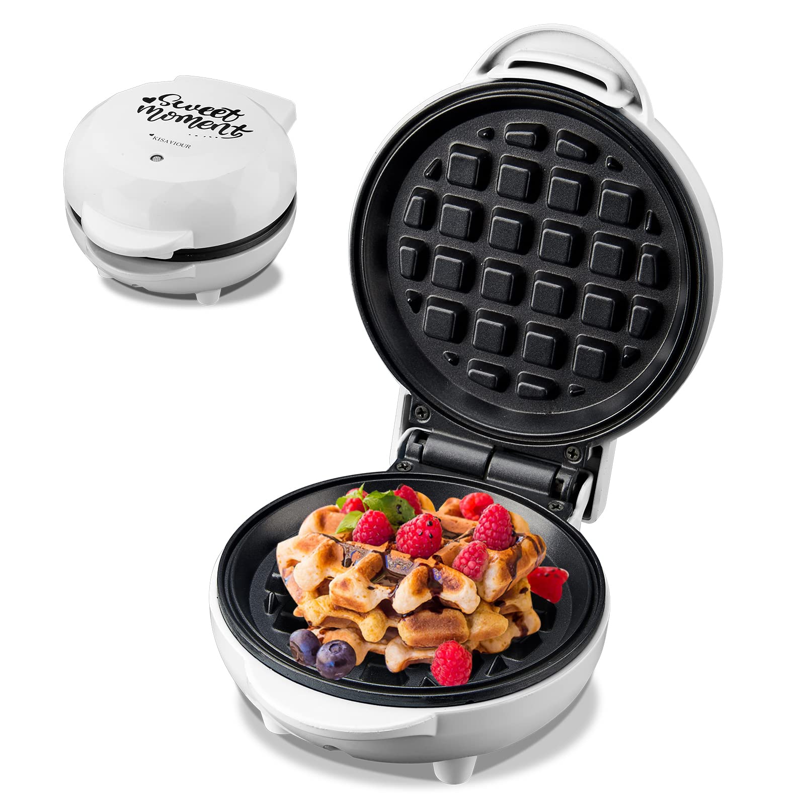 Kisaviour Macaron Color Mini Waffle Maker - Portable Round Aluminum Breakfast Machine with Non-Stick Plates & Skid-Resistant Feet | Perfect for Homemade Waffles, Crepes, and Quick Breakfasts | Easy to Clean & Compact for Small Kitchens, Dorms, or Travel