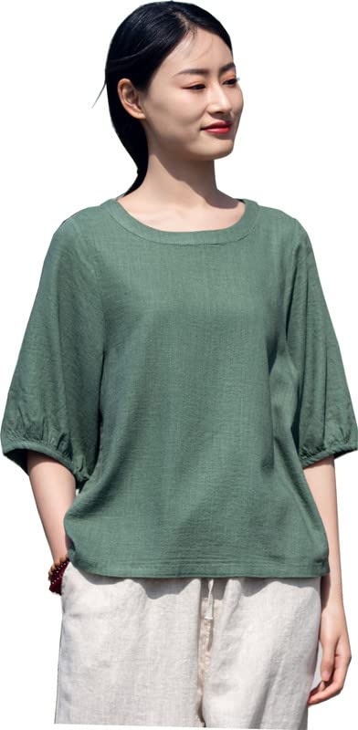 Vintage Chinese O-Neck Blouse for Women - Cotton Linen Half Sleeve Retro T-Shirt Top | Shanghai Story Style | Perfect for Cultural Events, Tea Parties & Asian-Themed Outfits