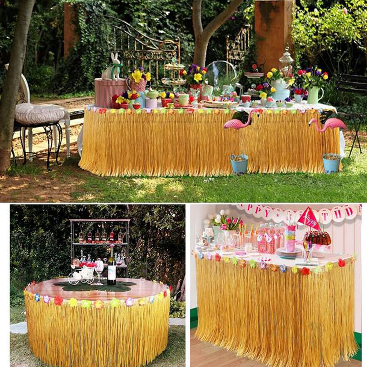 Hawaiian Grass Table Skirt 9ft - Tropical Luau Party Decor with Hibiscus Flowers for Island Theme Party, Army Green - Perfect for Hawaiian Luau, Beach Weddings & Summer Backyard Decorations