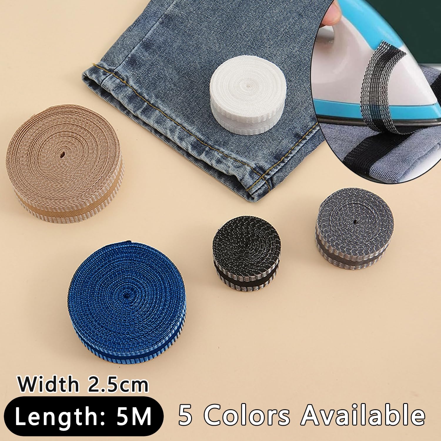 Self-Adhesive Iron-On Hem Tape for Pants - 5m/5.47inch Instant Trouser Shortening Fabric Tape (25mm Width, Blue) | DIY Sewing Accessories for Suits, Jeans & Trousers | Perfect for Quick Hemming, Clothing Repairs & Tailoring Projects