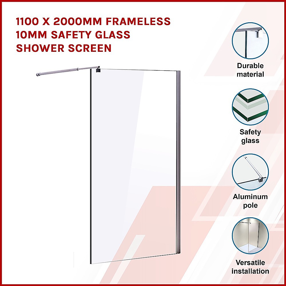 1100 x 2000mm Frameless 10mm Tempered Safety Glass Shower Screen - Modern Bathroom Enclosure for Walk-in Showers and Wet Rooms